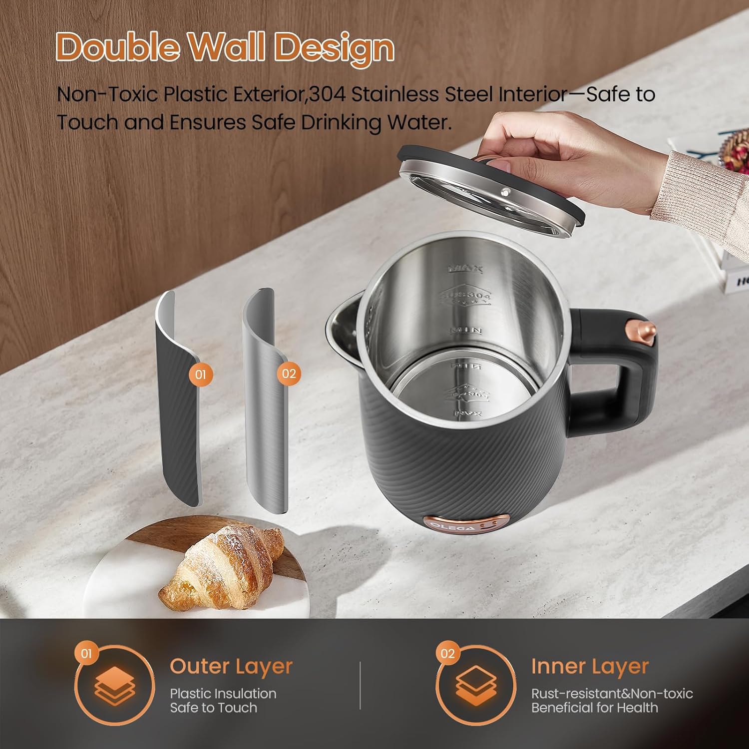 OLEGA Electric Kettle - 1500W Electric Tea Kettle 1.8L Stainless Steel Inner Electric Kettles for Boiling Water Auto Shut Off Boil-Dry Protection, Black
