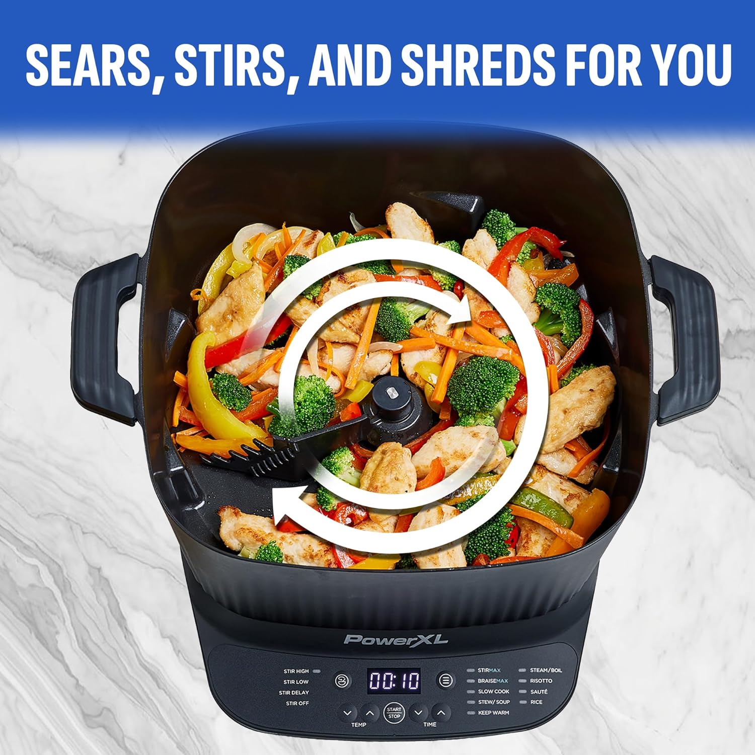 STIRMAX DELUXE 7.5 Quart Digital Multi-Cooker with Automatic Paddle to Stir and Shred, 9 in 1 programmable presets to Saut, Sear, and Brown Food Before Simmering  Accessories, Skillet, & Cookbook