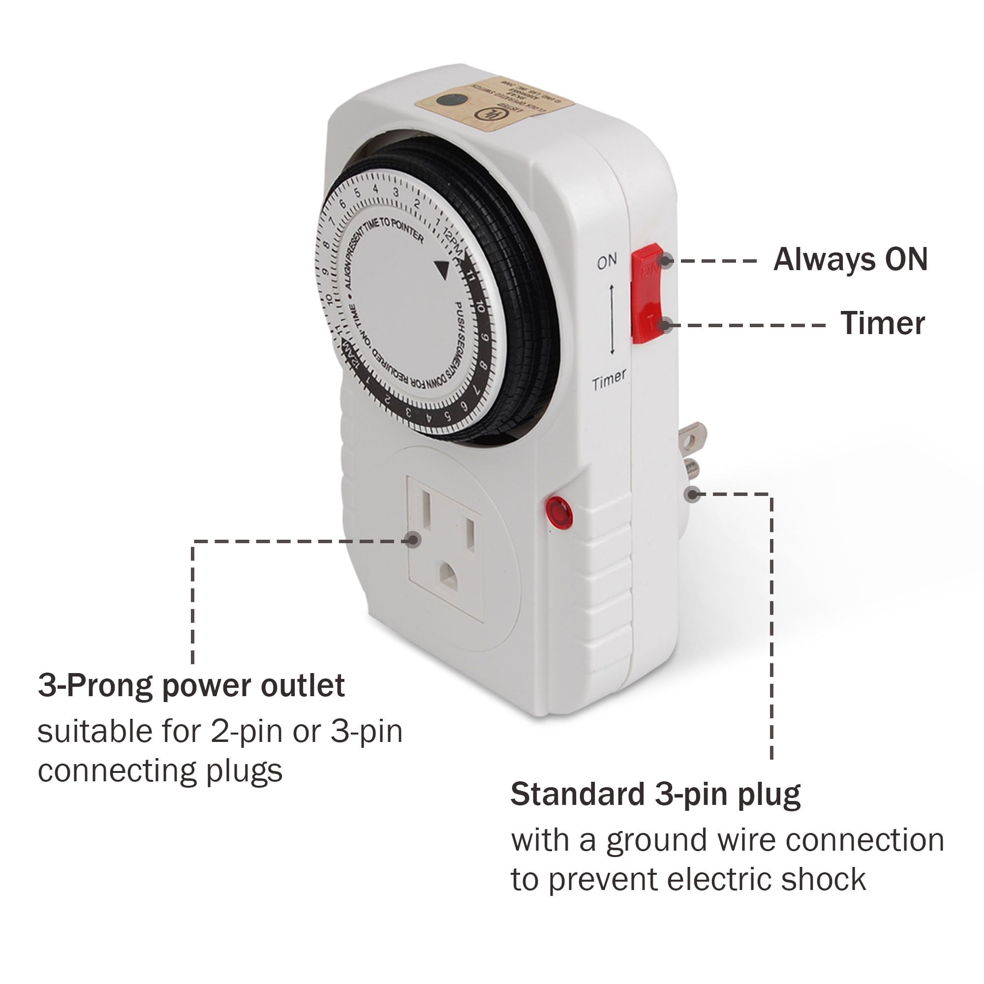 Yescom 24-hour 1875W 15A Grounded Mechanical Timer Outlet - Great for Christmas & Halloween Décor, 2 Pack