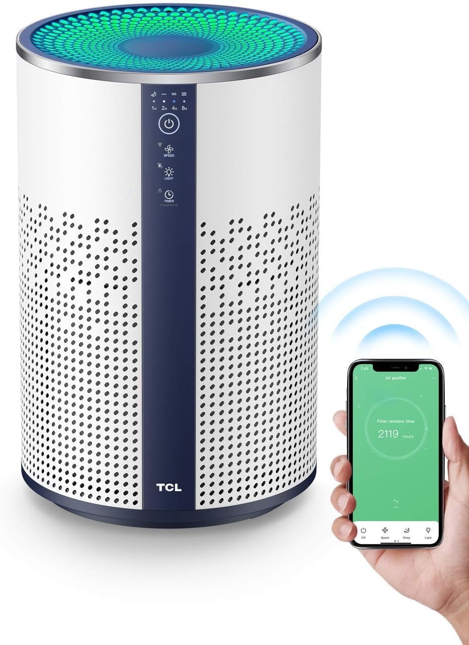 TCL Breeva A1 Air Purifier for Home, Bedroom, Smart Wi-Fi Alexa Control, True H13 HEPA Air Filter Remove 99.97% Smoke, Odor, Pet Dander, Dust, Pollen, Air Cleaner, with Night Light (A1W15W)