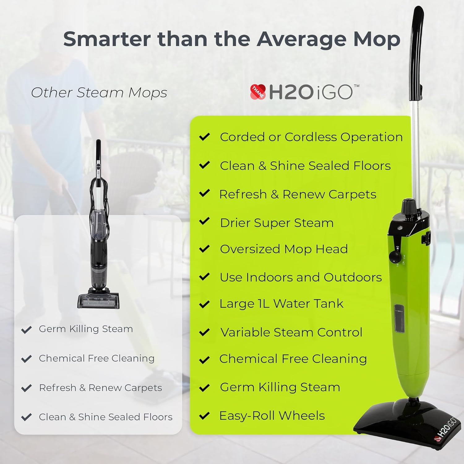 H2O iGO Indoor & Outdoor Cordless Steam Mop for Hardwood Floors, Carpets, Windows, Upholstery, Kitchens, Bathrooms - Portable, Rechargeable, Wireless, Steamer Mops for Floor Cleaning