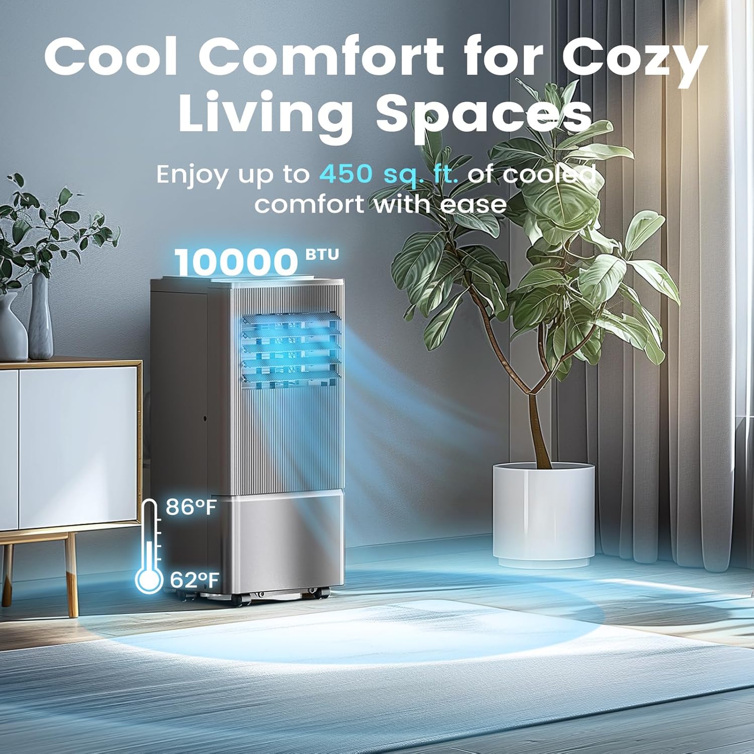 Air Choice Portable Air Conditioner, 10000 BTU Air Conditioner Portable for Room Up to 450 Sq.Ft, 24H Timer, 3-in-1 Quiet AC Unit, Dehumidifier, Fan, Remote, Window Kit Included, Silver