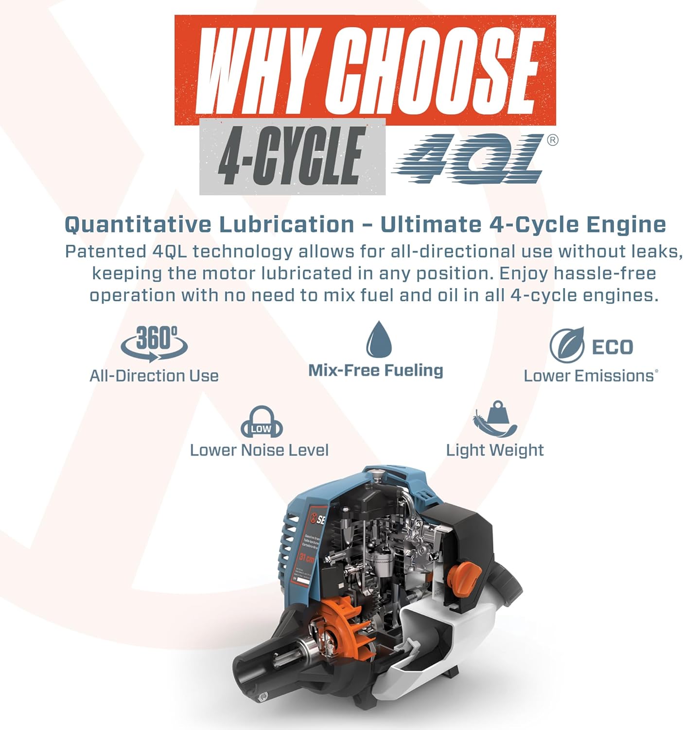 SENIX 4QL 31 cc 4-Cycle Handheld Gas Powered Leaf Blower and Vac for Lawn Care, Up to 550 CFM and 127 MPH, Light Weight, Dual Grip Handle, BLV4QL-M, Blue