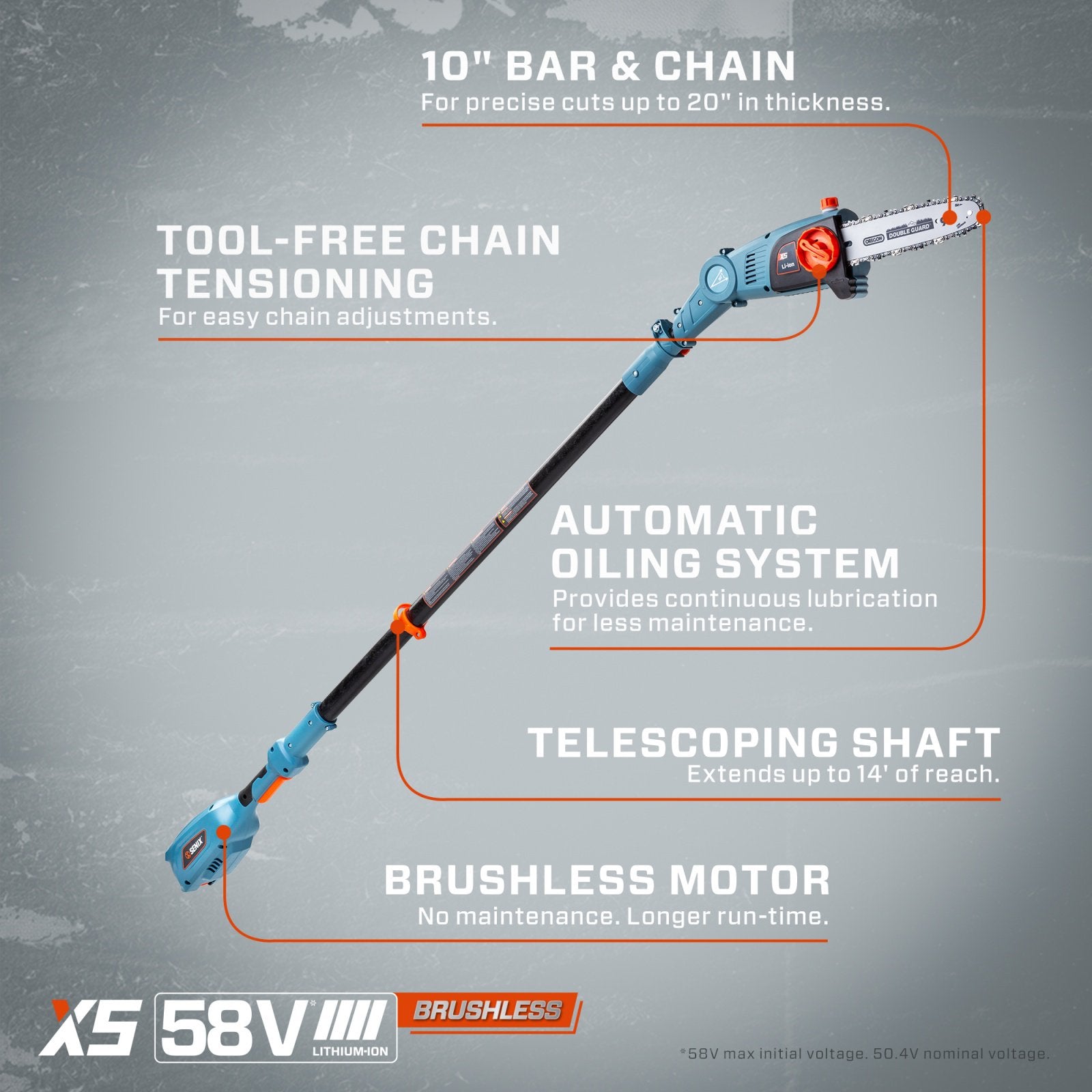 SENIX 10 Inch 58 Volt Cordless Pole Saw to Reach Branches up to 14 Feet (Battery & Charger Included)