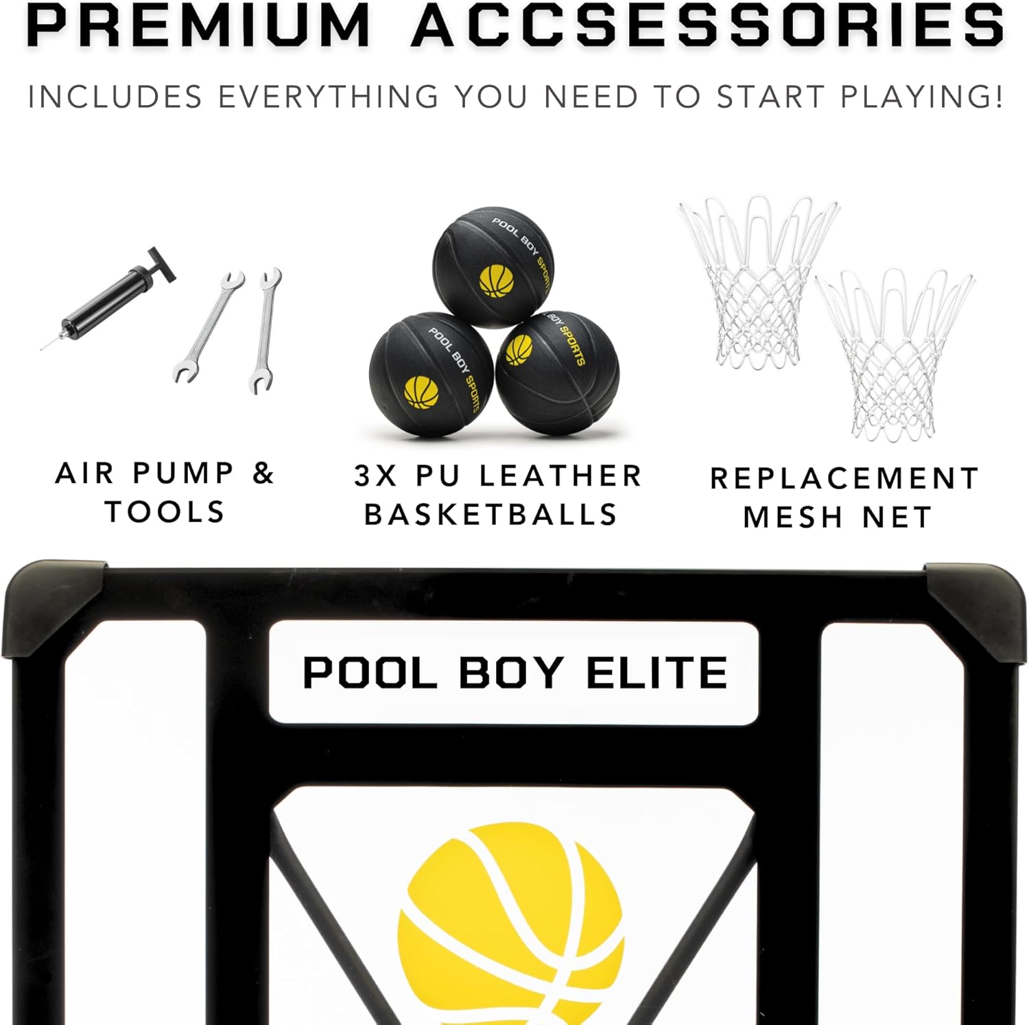 Pool Basketball Hoop - Set Includes 3X Composite Leather Basketballs, Air Pump, & Tools - Adjustable Poolside Basketball Hoop - Made for Kids, Teens, & Adults