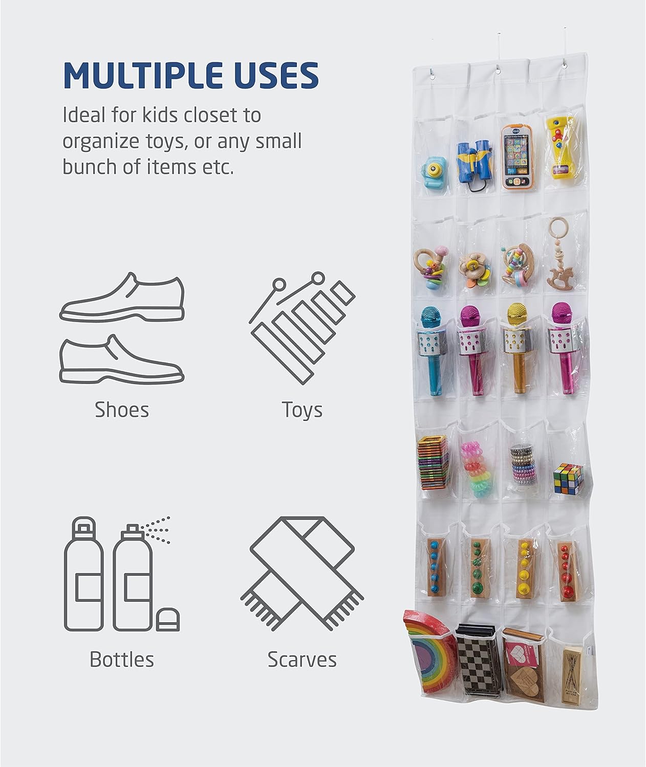 ZOBER Over The Door Shoe Organizer - 24 Breathable Pockets - Pantry Organizer, Laundry Room, Toy Storage Organizer - Chrome Hooks, Easy Set Up, 2 Pack