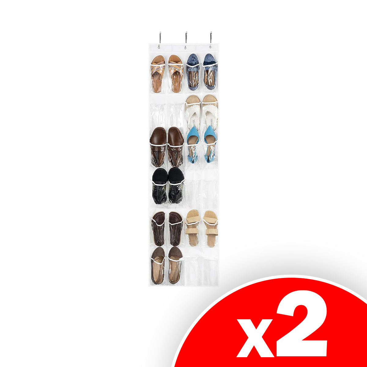 ZOBER Over The Door Shoe Organizer - 24 Breathable Pockets - Pantry Organizer, Laundry Room, Toy Storage Organizer - Chrome Hooks, Easy Set Up, 2 Pack