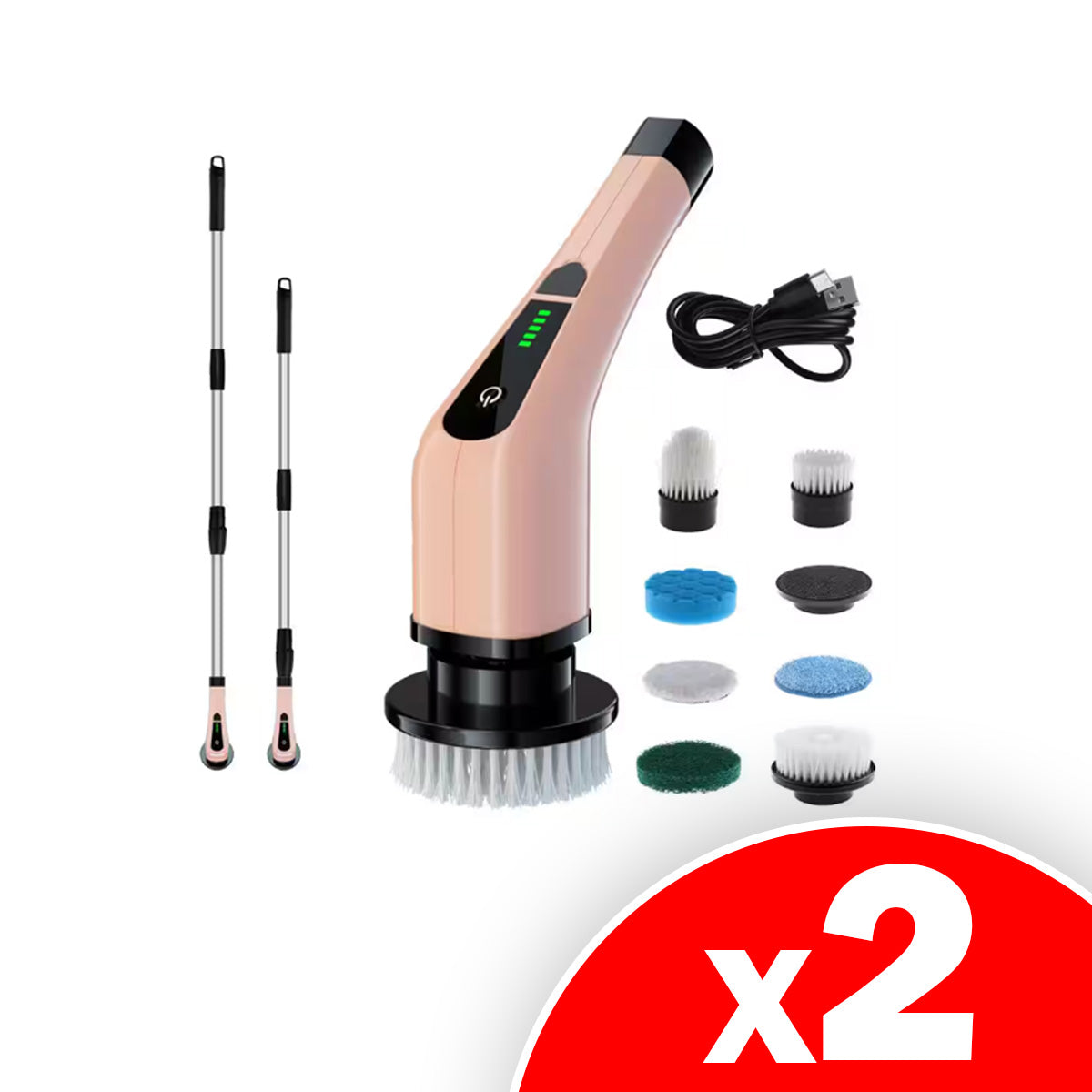 Cordless Portable Carpet Cleaners, Power Scrubber, 2-Speeds, 7-Brush Heads, Long Handle for Bathroom, Tub, Rose Gold, 2 Pack
