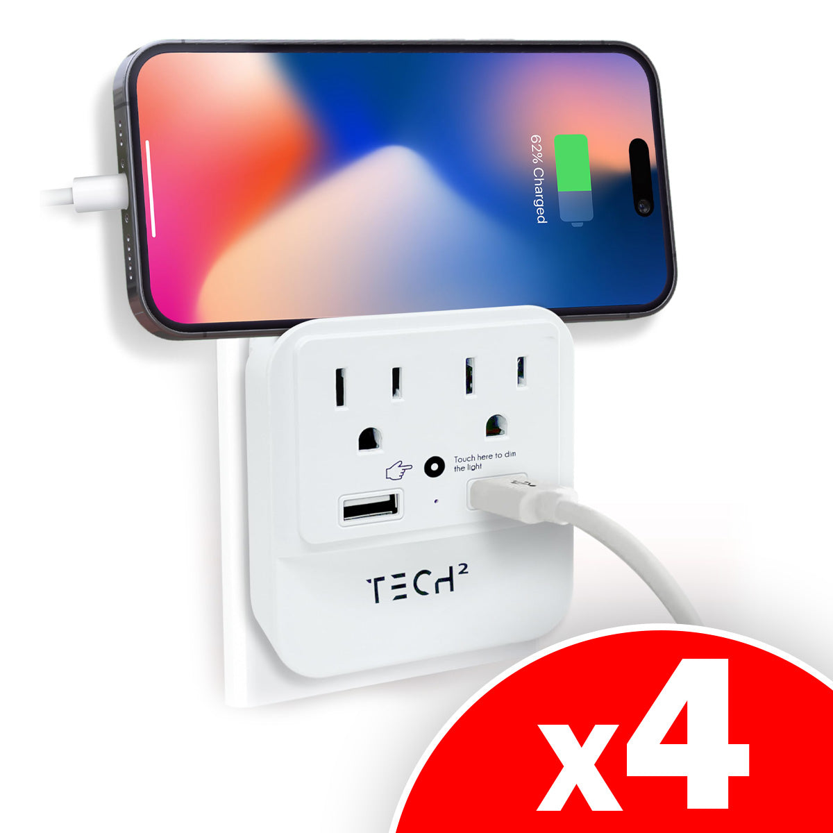 TECH Multi Plug Wall Outlet Surge Protector with USB Ports & Night Light - 2 Outlet Extender with 2 USB Ports (1 USB-C) - Power Strip with Adapter Spaced Outlets for Home, Travel, Office (White), 4 Pack