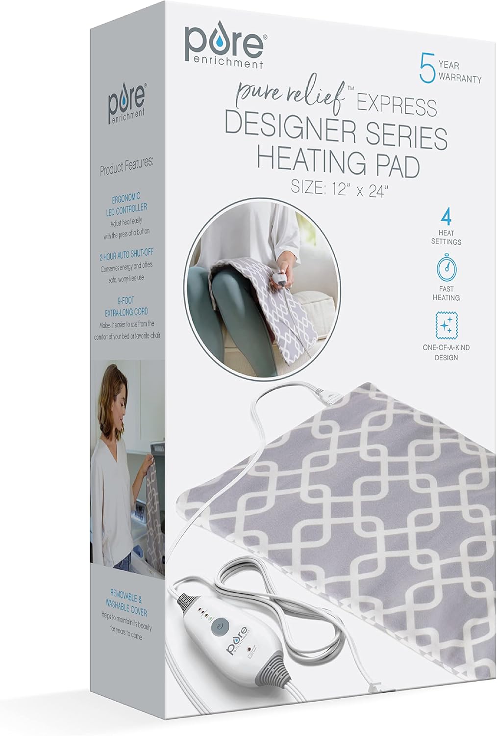 Pure Enrichment Express Designer Series Electric Heating Pad - 12 x 24 Fast-Heating, 4 Heat Settings, Machine-Washable Fabric, 2-Hour Auto Safety Shut-Off