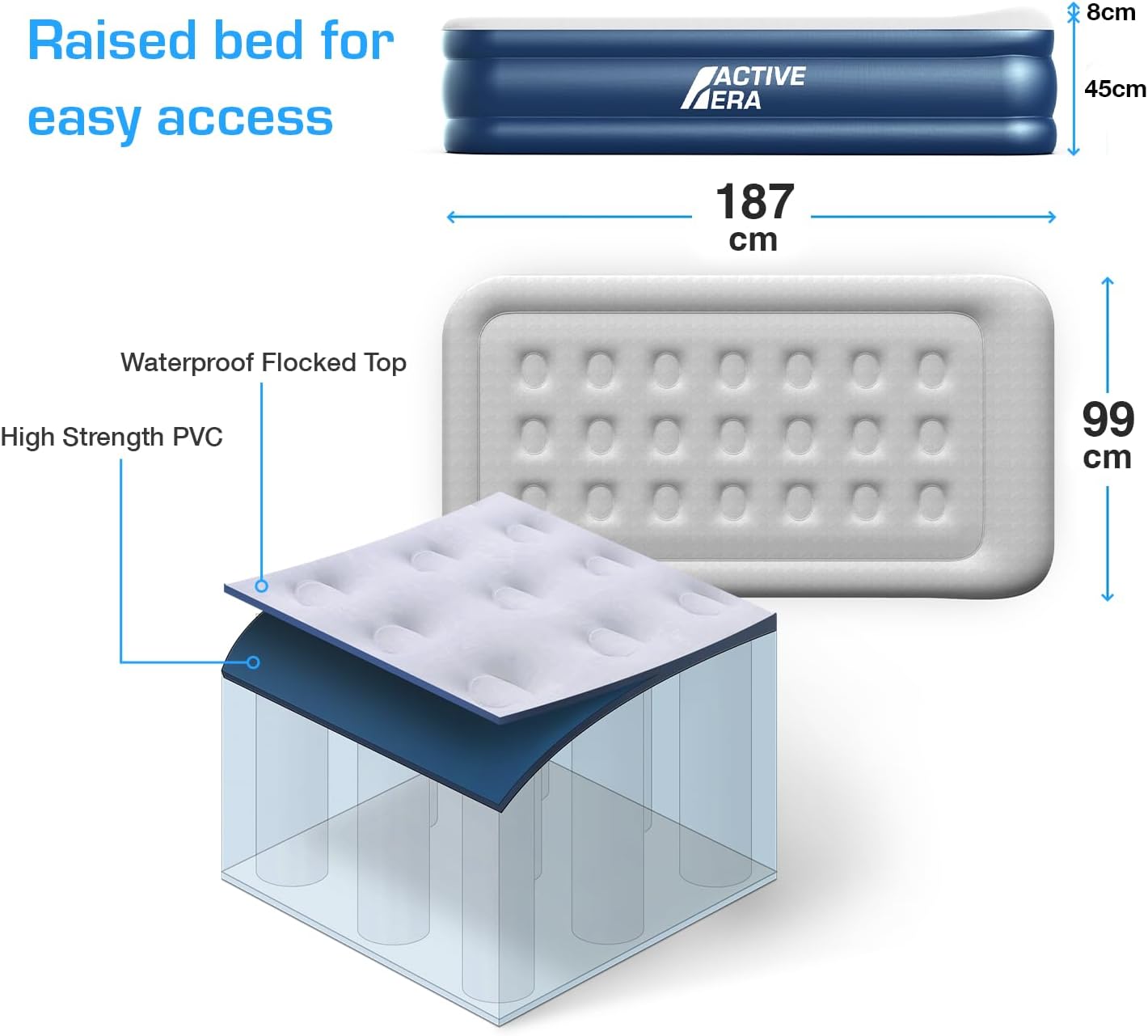 Active Era 20" Twin Air Mattress with Built-in Pump & Raised Pillow - Heavy Duty, Puncture Resistant, Waterproof
