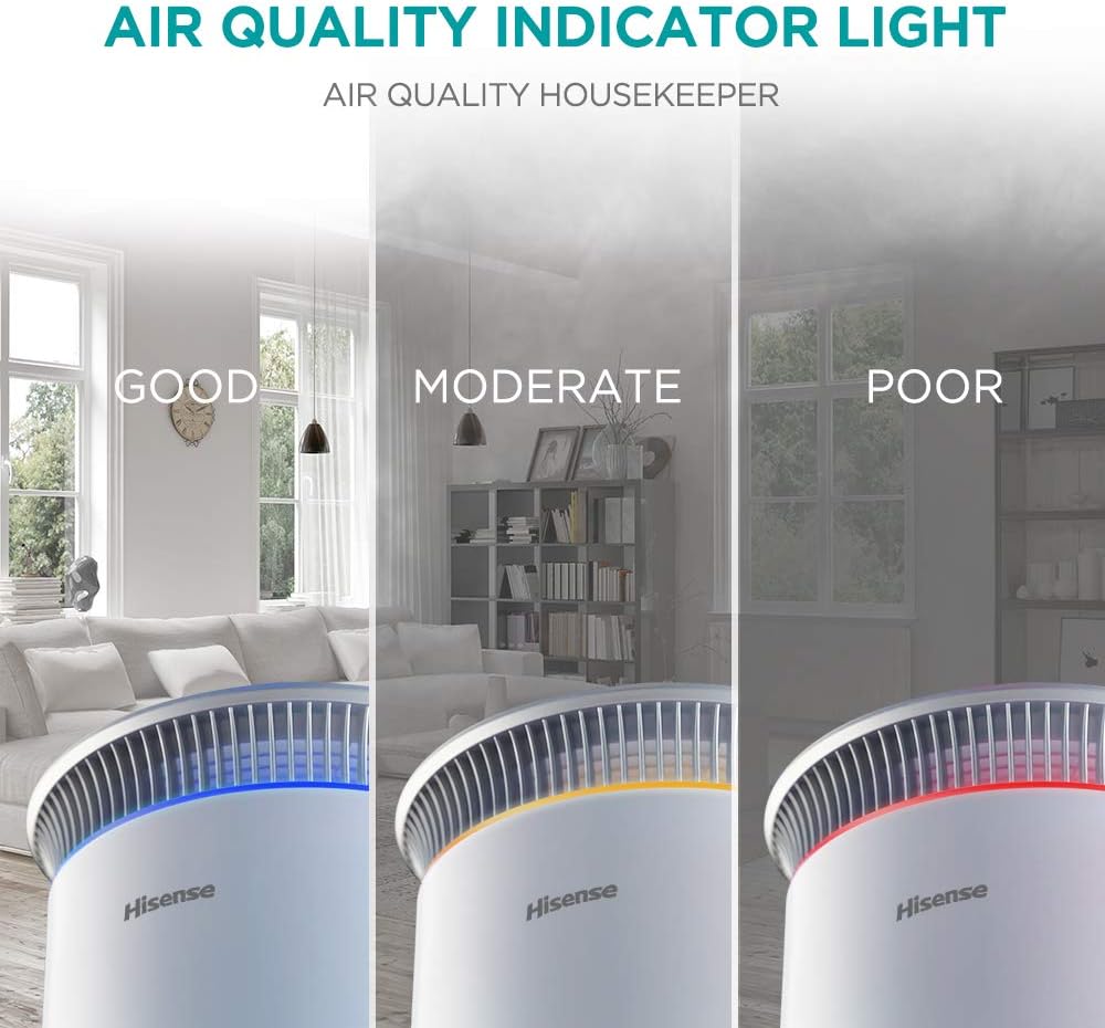Hisense Air Purifier with True HEPA Technology Air Purifier for Home Allergies Pets Dander Smokers in Bedroom 25db Quiet Air Cleaner Remove Smoke Dust Mold Pollen for Large Room