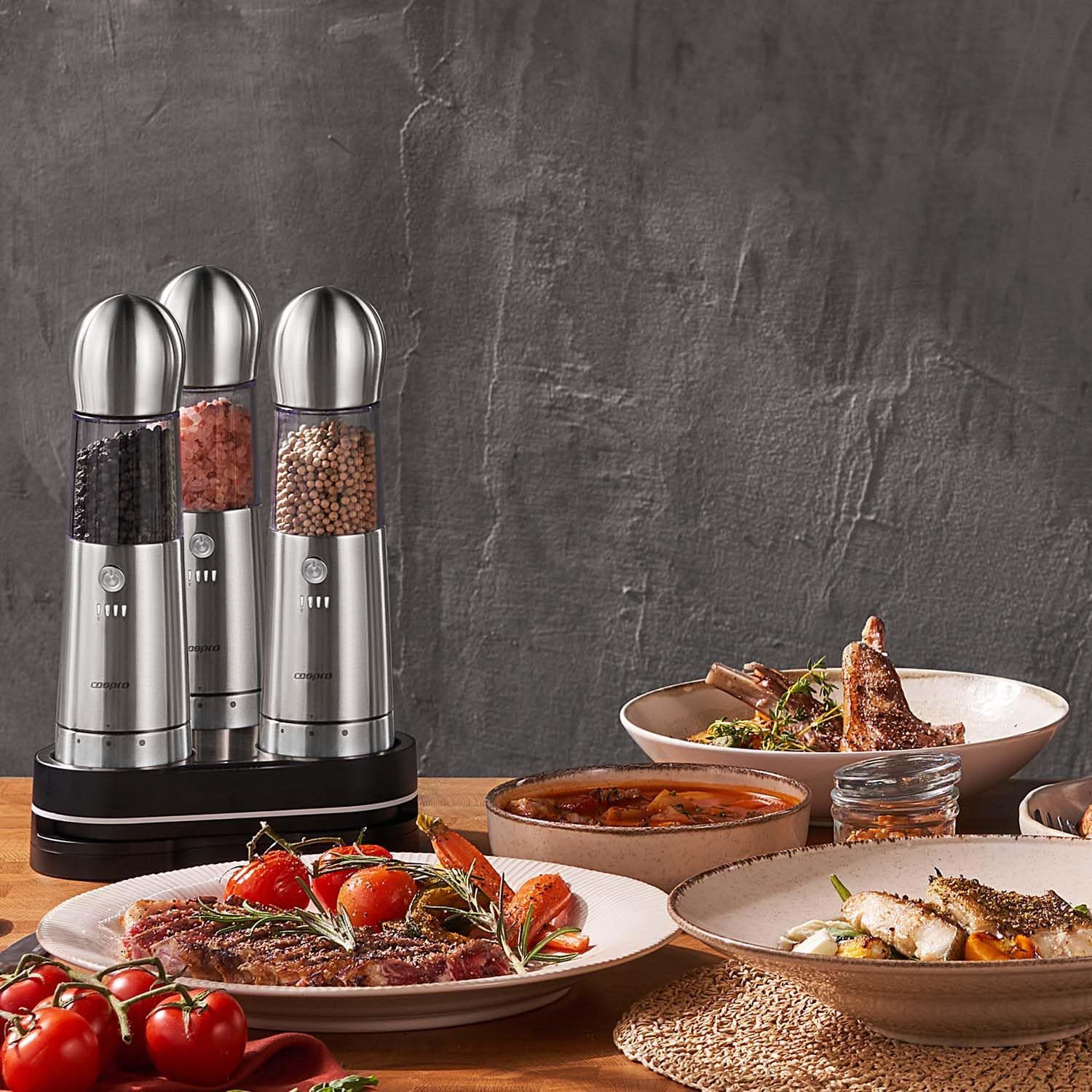 COSPRO Electric Salt and Pepper Grinder Set of 3 with Wireless Charging Base | Rechargeable Automatic Pepper Mill | Stainless Steel | One-Hand Use | Adjustable Coarseness | Easy Clean | Kitchen Gift