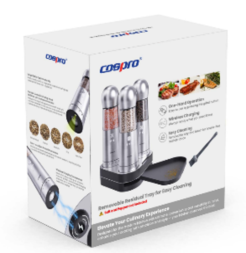COSPRO Electric Salt and Pepper Grinder Set of 3 with Wireless Charging Base | Rechargeable Automatic Pepper Mill | Stainless Steel | One-Hand Use | Adjustable Coarseness | Easy Clean | Kitchen Gift