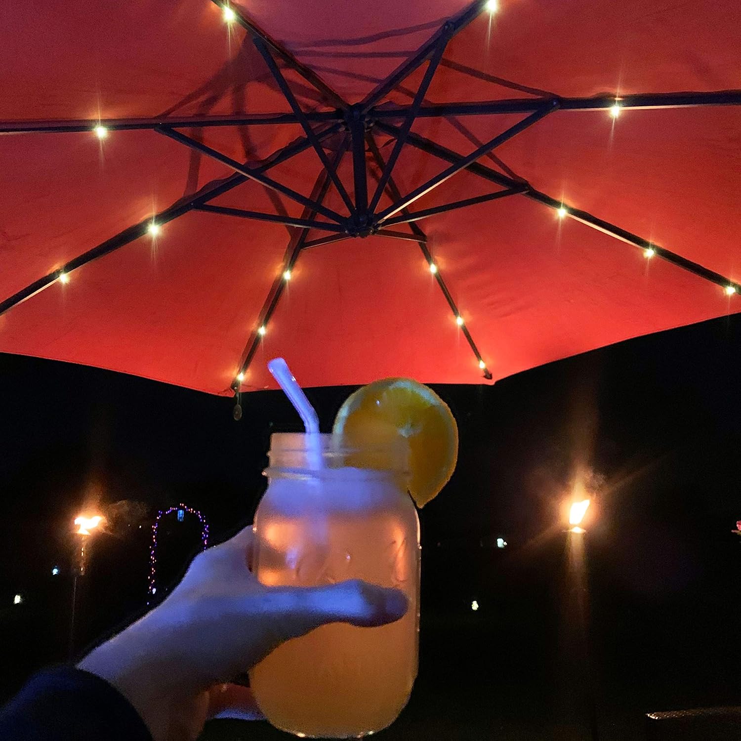 Sunnydaze 10' Solar Offset Patio Umbrella - Solar Cantilever Umbrella Outdoor with LED Lights - Polyester Shade, Air Vent, & Cross Base Burnt Orange