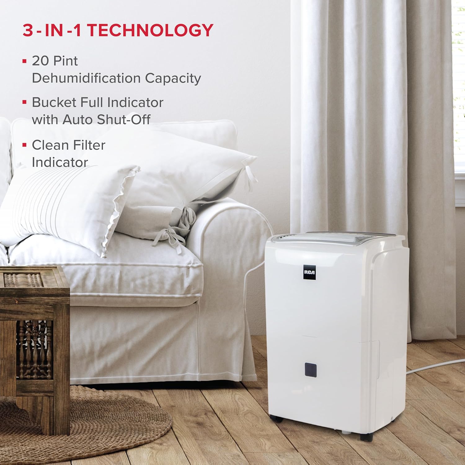 RCA 20-Pint Portable Dehumidifier with Auto-Shutoff & Timer, Home Dehumidifier and Moisture Absorber For Basement, Garage, Living Room in White