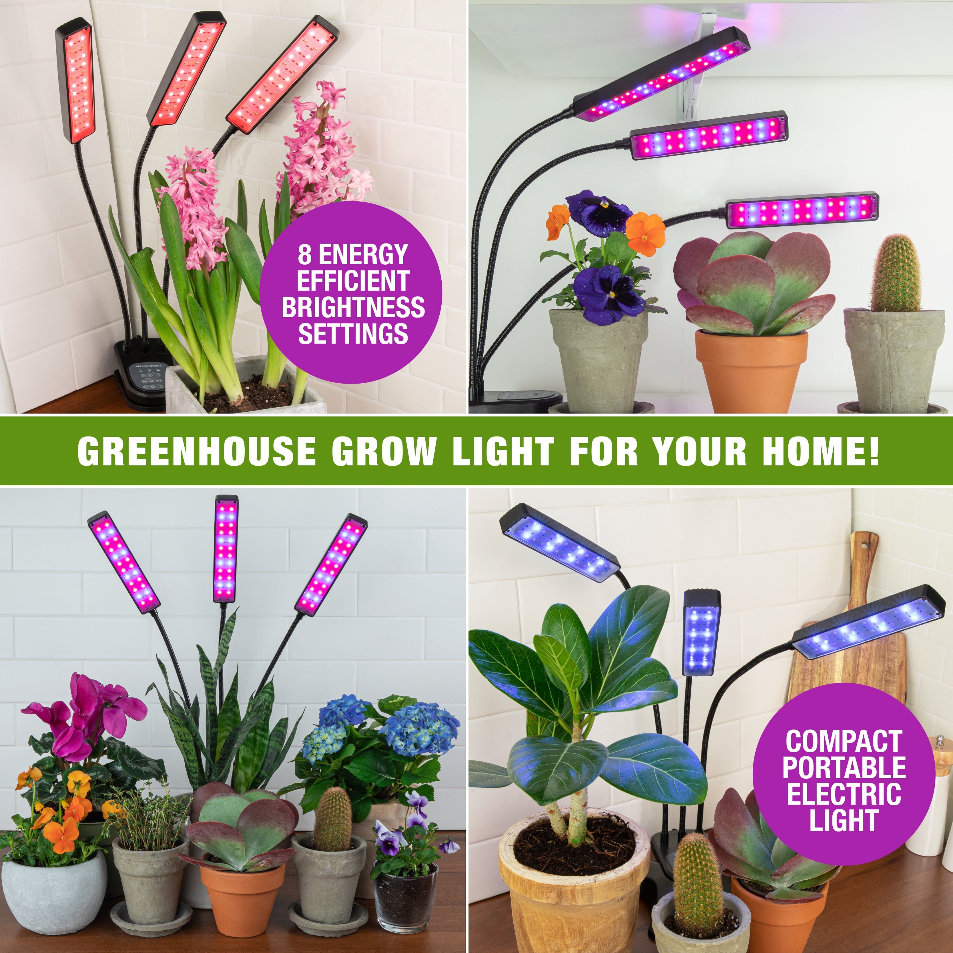 Bell+Howell Bionic Grow Light for Indoor Plants, 3 Heads Flexible Growing Lamp with 8 Brightness Settings, 3 Light Modes, 2 Pack