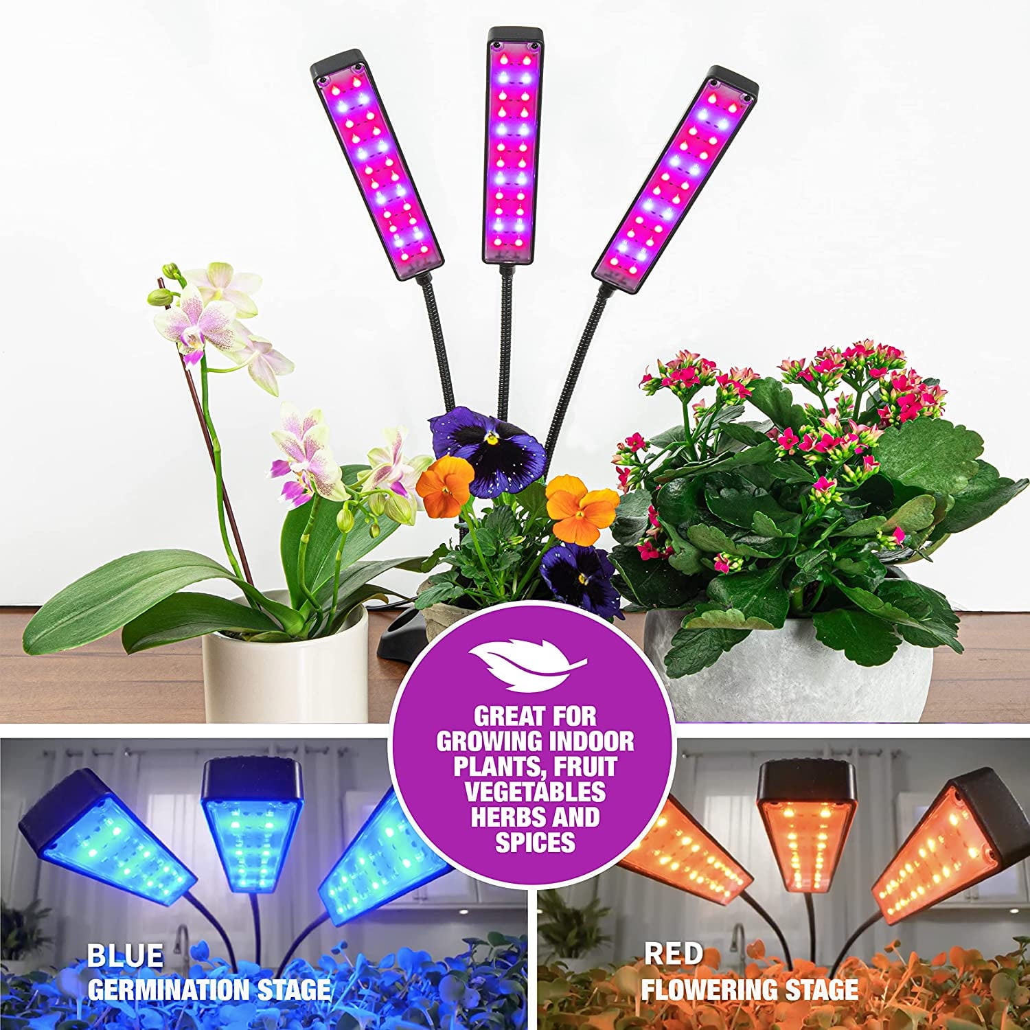 Bell+Howell Bionic Grow Light for Indoor Plants, 3 Heads Flexible Growing Lamp with 8 Brightness Settings, 3 Light Modes, 2 Pack