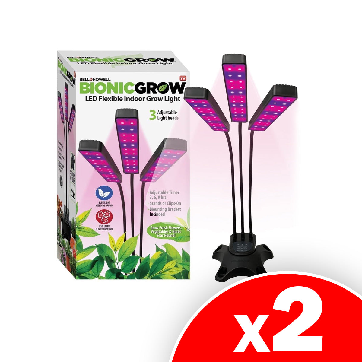 Bell+Howell Bionic Grow Light for Indoor Plants, 3 Heads Flexible Growing Lamp with 8 Brightness Settings, 3 Light Modes, 2 Pack