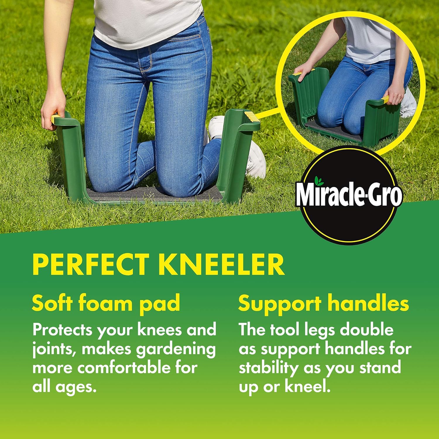 Miracle-Gro 4-in-1 Garden Stool  Multi-Use Garden Scooter with Seat  Rolling Cart with Storage Bin Padded Kneeler and Tool storage - Accessible Gardening for All Ages + FREE Scotts Gardening Gloves