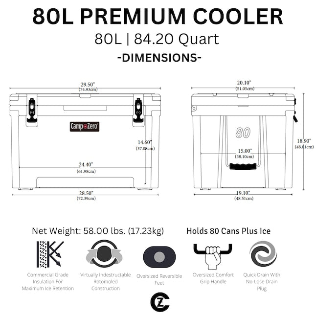 CAMP-ZERO 80 - 84.54 Qt. Premium Cooler with Molded-In Cup Holders | White