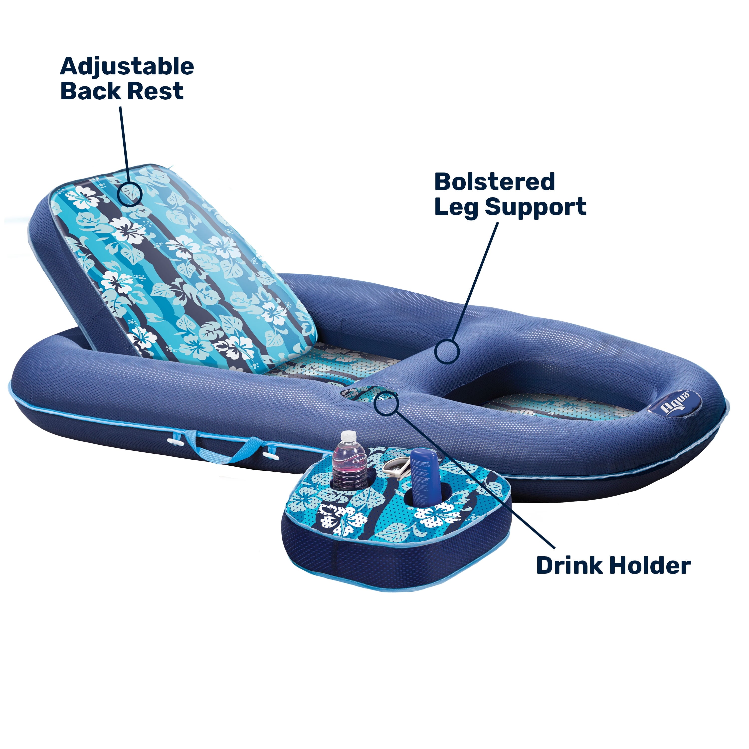 Aqua Campania Ultimate 2-in-1 Pool Lounge Recliner with Adjustable Backrest and Caddy, Navy Hibiscus