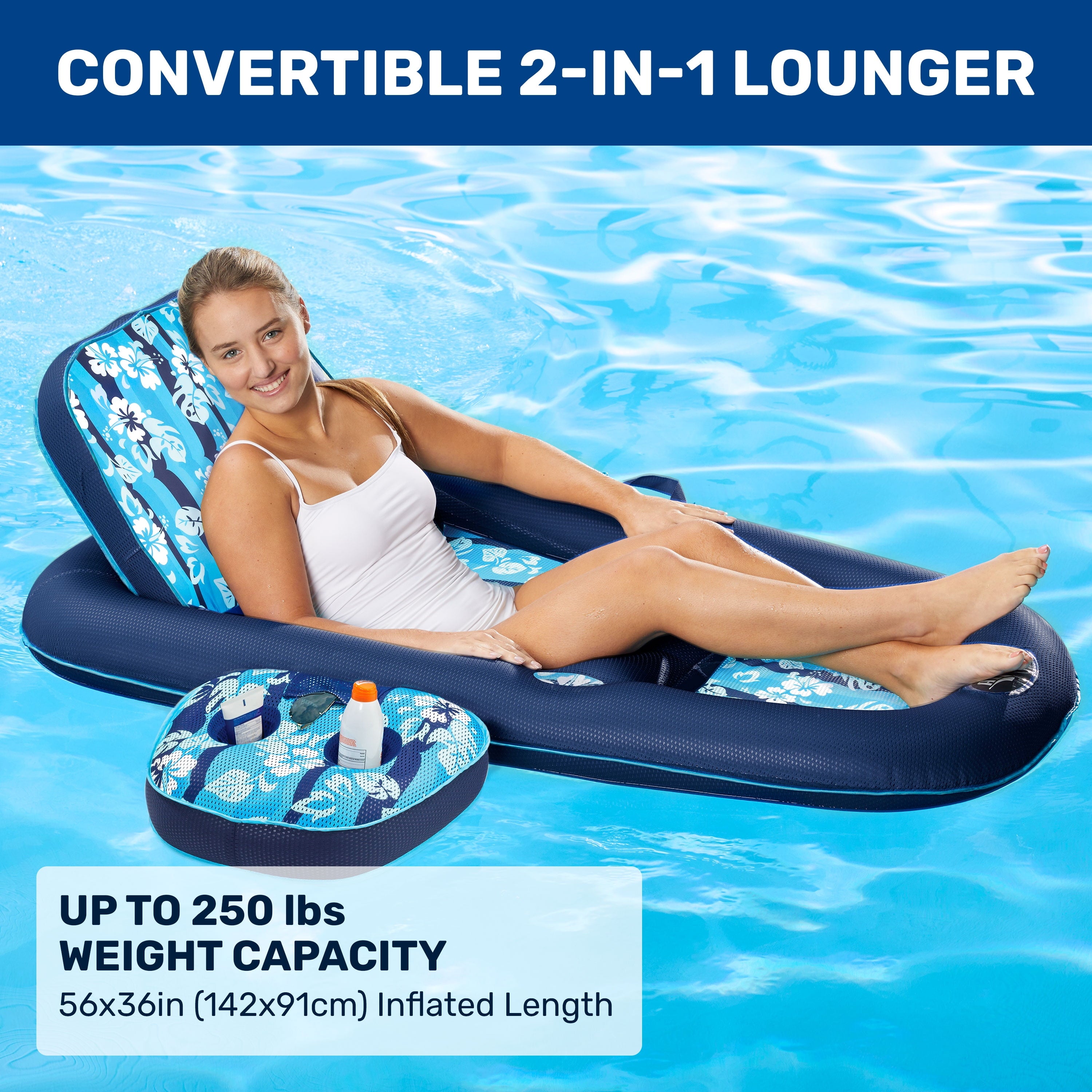 Aqua Campania Ultimate 2-in-1 Pool Lounge Recliner with Adjustable Backrest and Caddy, Navy Hibiscus