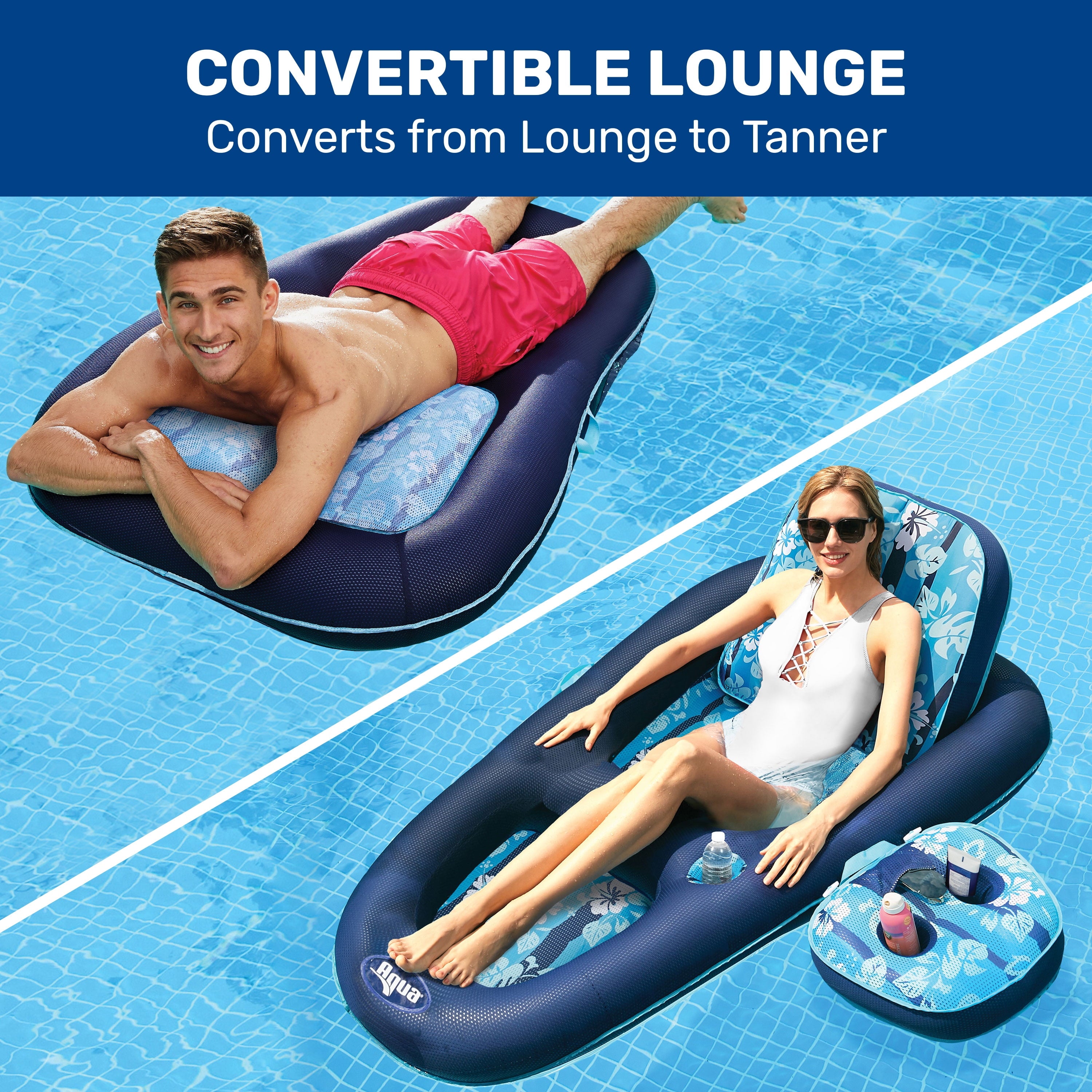 Aqua Campania Ultimate 2-in-1 Pool Lounge Recliner with Adjustable Backrest and Caddy, Navy Hibiscus