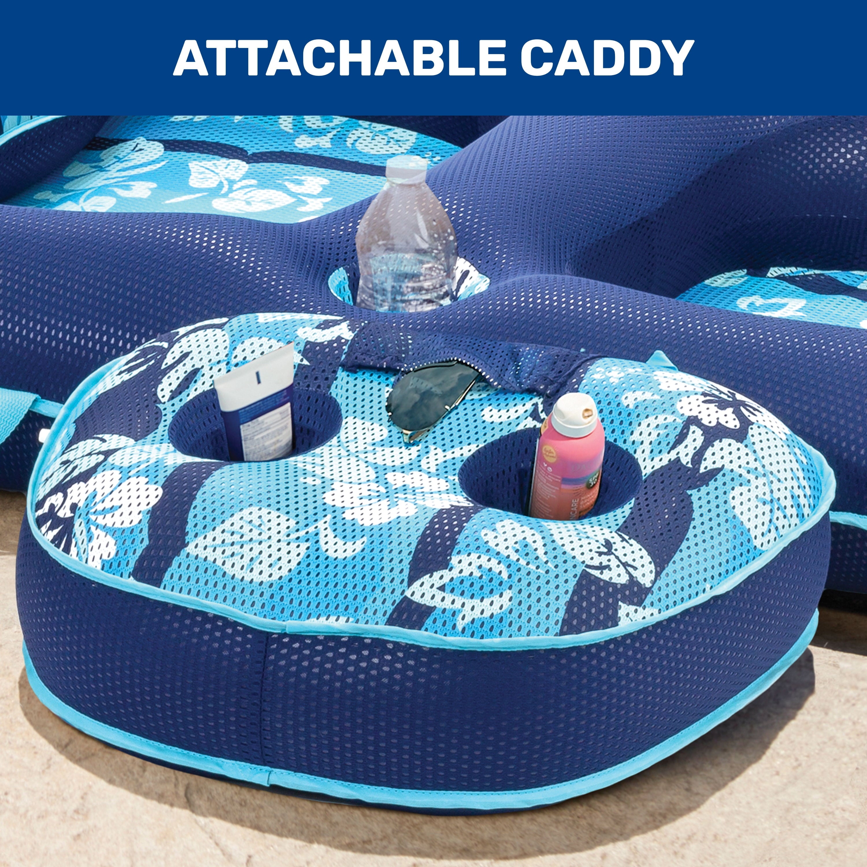 Aqua Campania Ultimate 2-in-1 Pool Lounge Recliner with Adjustable Backrest and Caddy, Navy Hibiscus