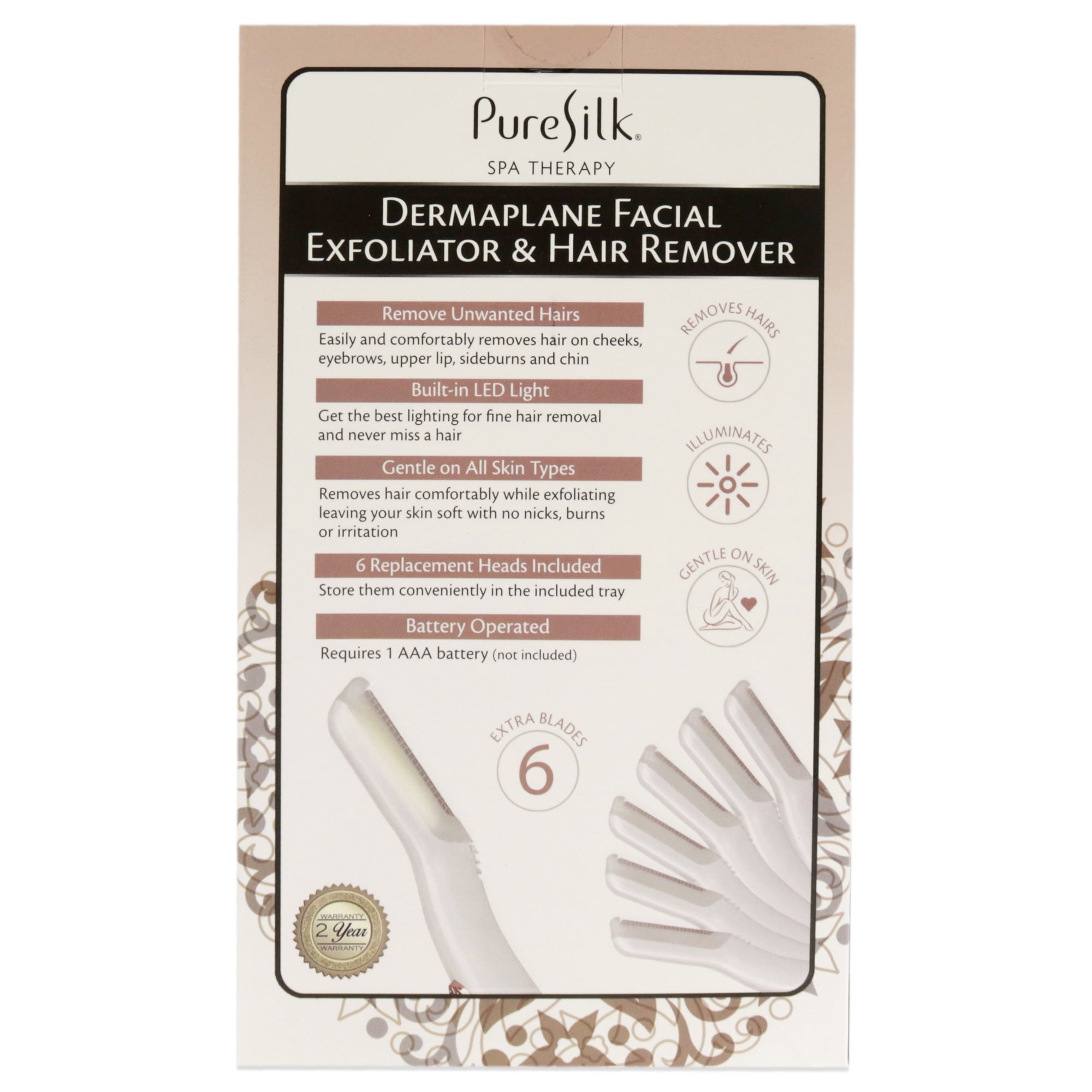 Pure Silk Dermaplaning Tool, Facial Exfoliator & Hair Remover for Women, Battery Operated Dermaplane Razor with Built in LED Light and 6 Replacement Heads, Peach Fuzz Remover, White