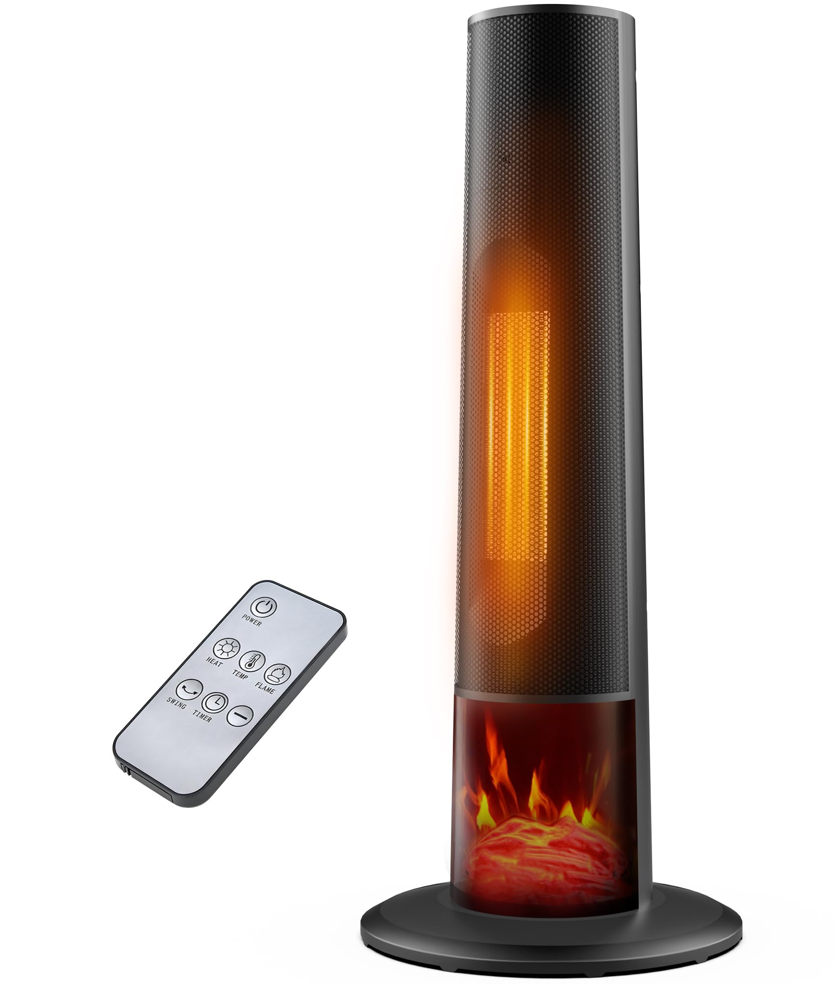 Tower space heater with fireplace - Electric Space Heater Large Room with 3D Flame, Portable Tower Space Heaters for Office, Bedroom, 2 Modes, Thermostat, Tip-over Protection, Oscillation Black
