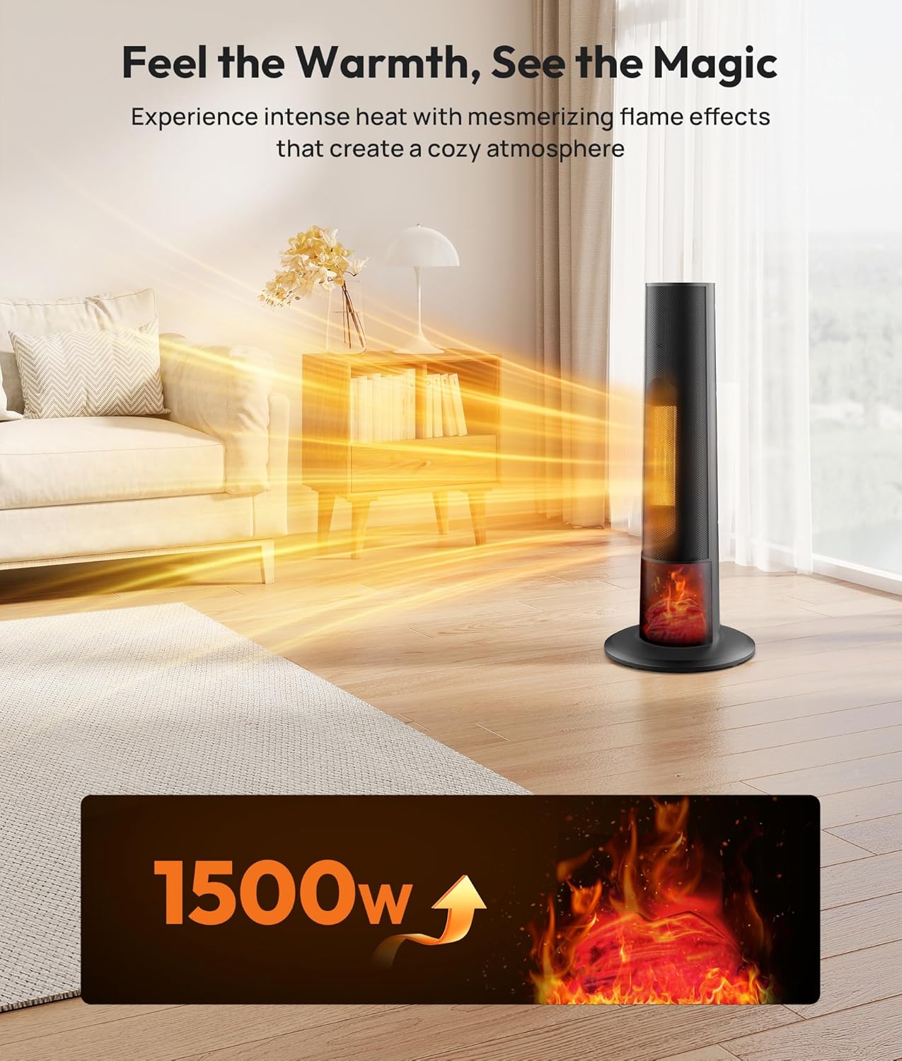 Tower space heater with fireplace - Electric Space Heater Large Room with 3D Flame, Portable Tower Space Heaters for Office, Bedroom, 2 Modes, Thermostat, Tip-over Protection, Oscillation Black