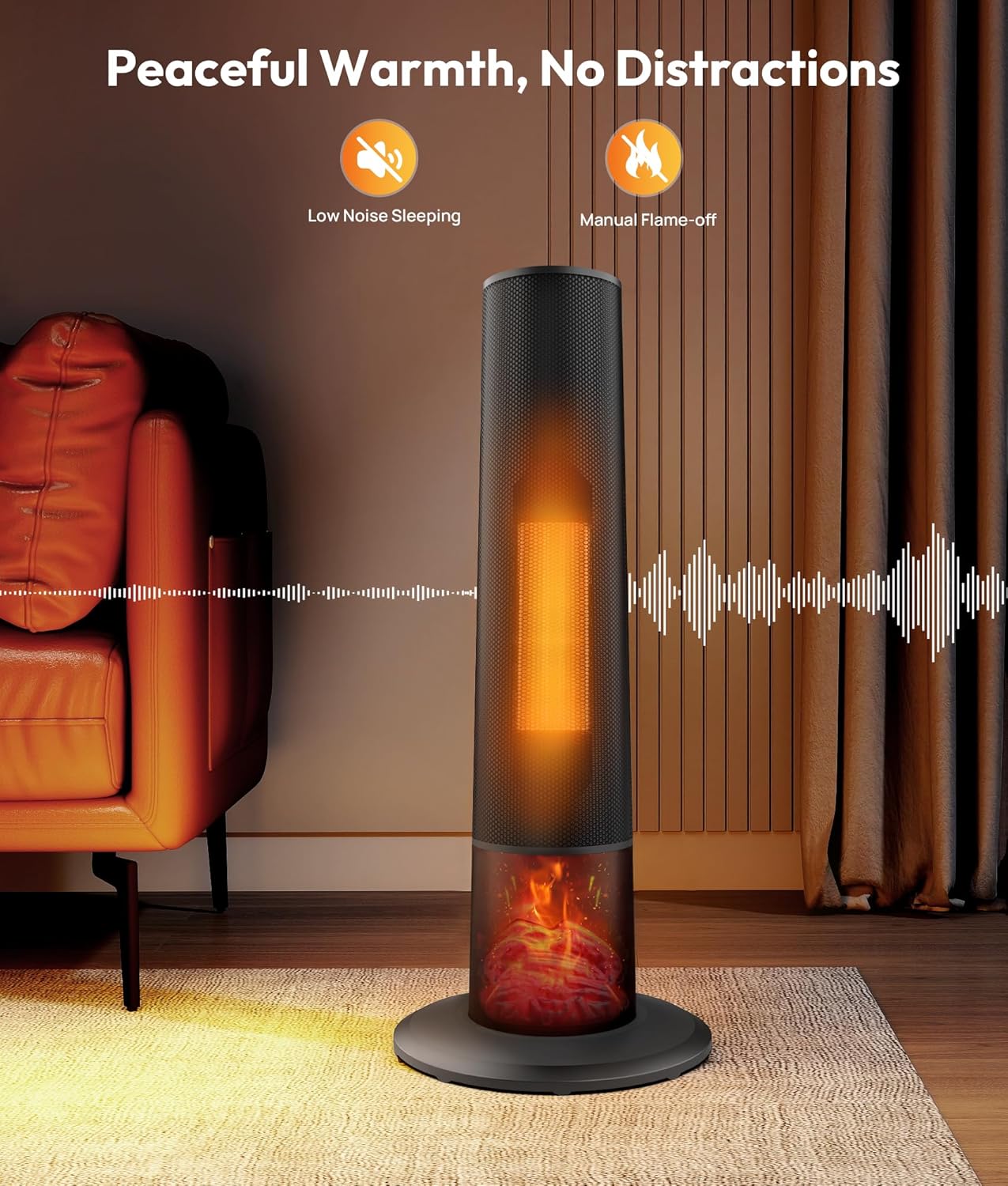 Tower space heater with fireplace - Electric Space Heater Large Room with 3D Flame, Portable Tower Space Heaters for Office, Bedroom, 2 Modes, Thermostat, Tip-over Protection, Oscillation Black