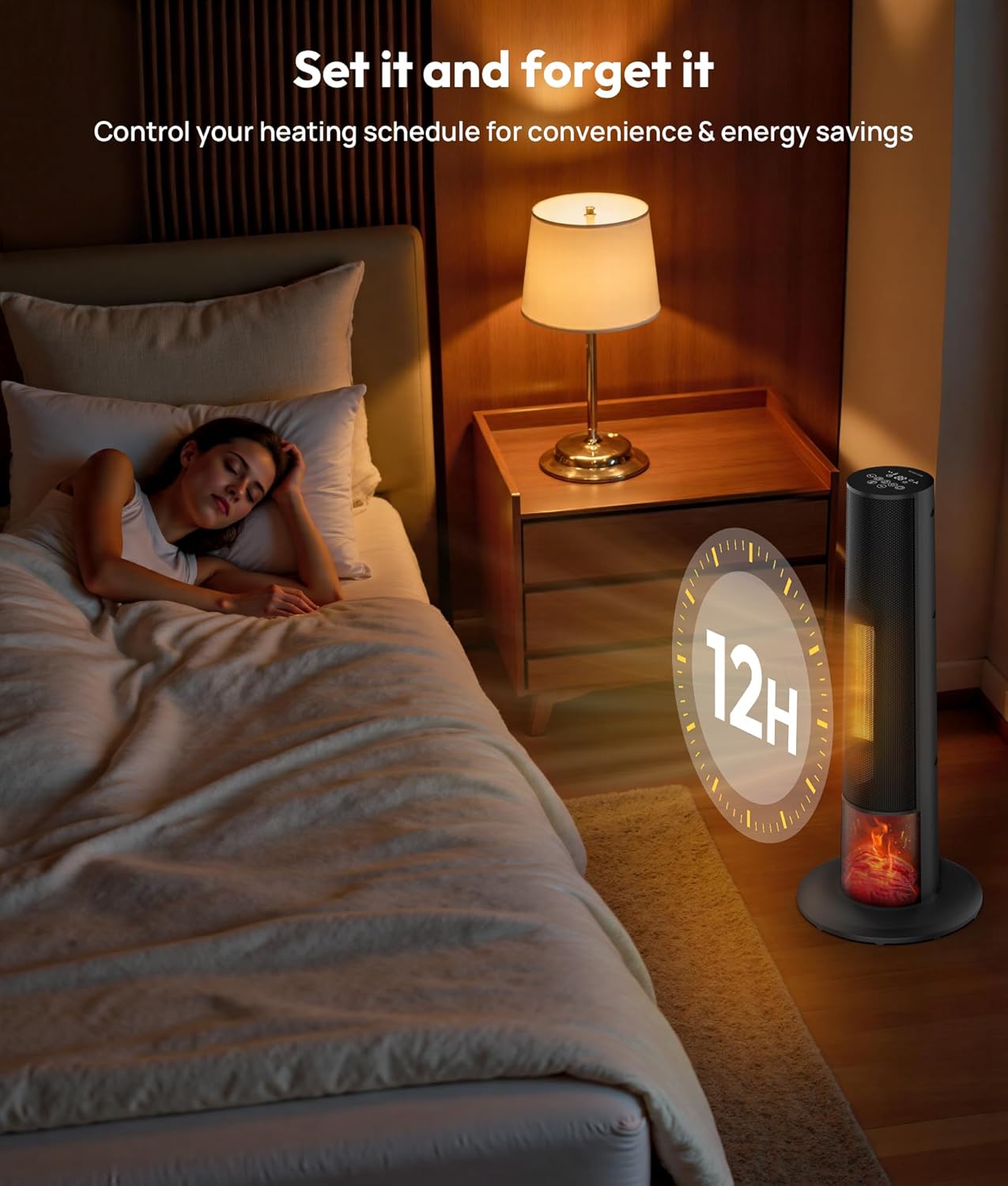 Tower space heater with fireplace - Electric Space Heater Large Room with 3D Flame, Portable Tower Space Heaters for Office, Bedroom, 2 Modes, Thermostat, Tip-over Protection, Oscillation Black