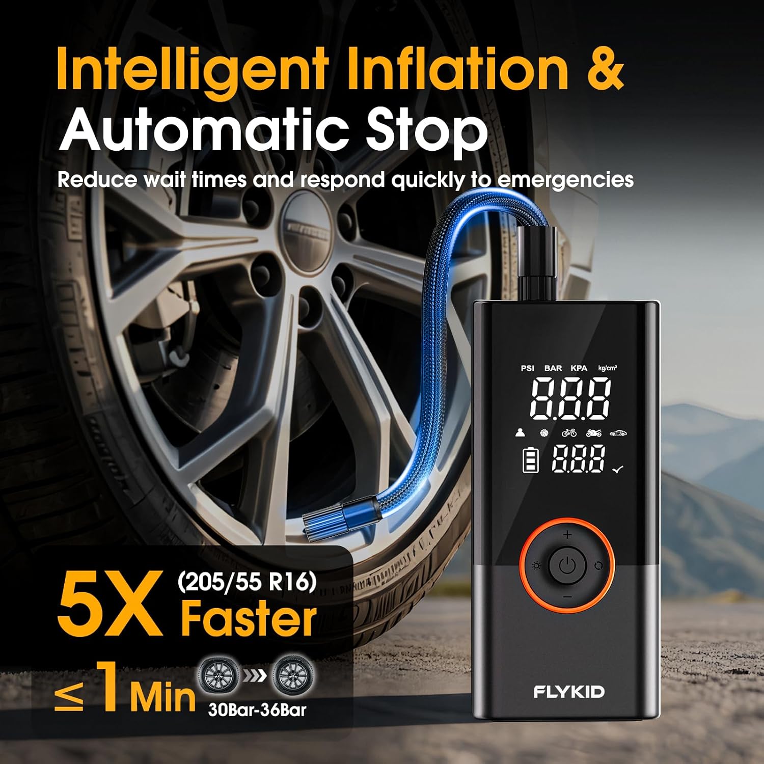 FLYKID Tire Inflator Portable Air Compressor - 150PSI Digital Air Pump for Car Tires, Fast Inflation for SUV/Truck/Bicycle, LED Light, Rechargeable Battery - Roadside Emergency & Outdoor Use