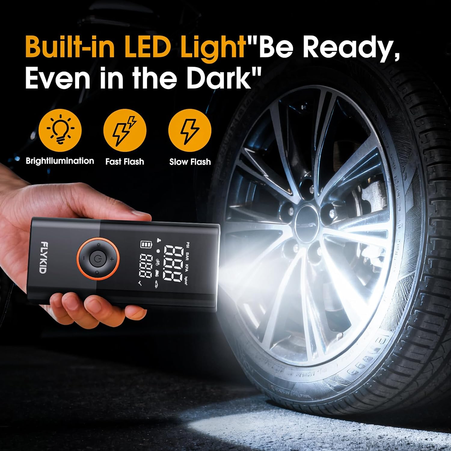 FLYKID Tire Inflator Portable Air Compressor - 150PSI Digital Air Pump for Car Tires, Fast Inflation for SUV/Truck/Bicycle, LED Light, Rechargeable Battery - Roadside Emergency & Outdoor Use