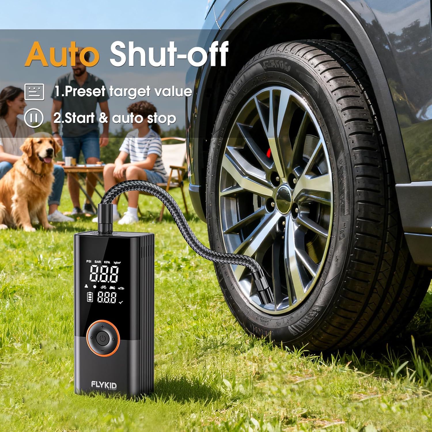 FLYKID Tire Inflator Portable Air Compressor - 150PSI Digital Air Pump for Car Tires, Fast Inflation for SUV/Truck/Bicycle, LED Light, Rechargeable Battery - Roadside Emergency & Outdoor Use