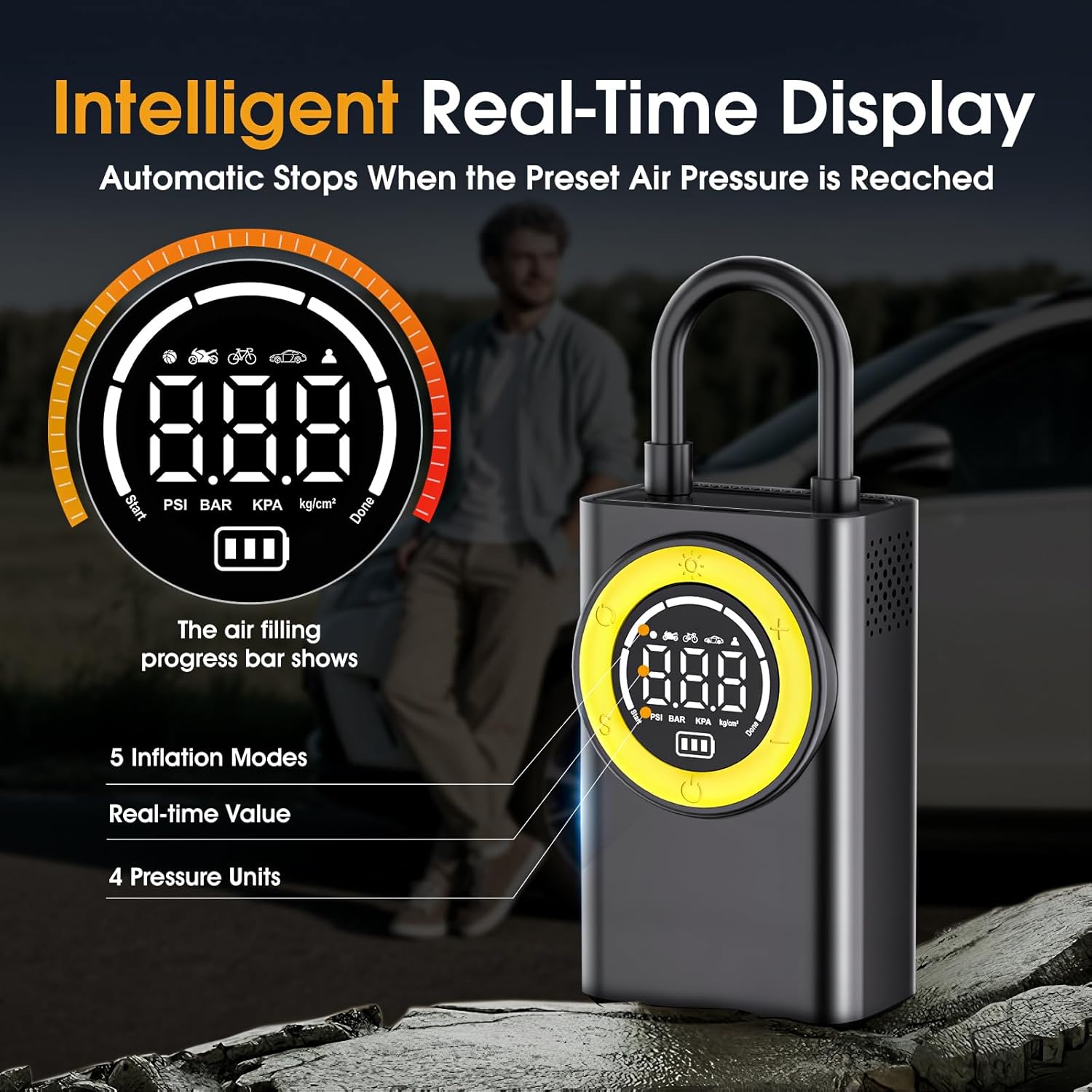 Tire Inflator Portable Air Compressor,150 PSI Cordless Air Pump for Car Tires with Digital Pressure Gauge & LED Light,5X Faster.