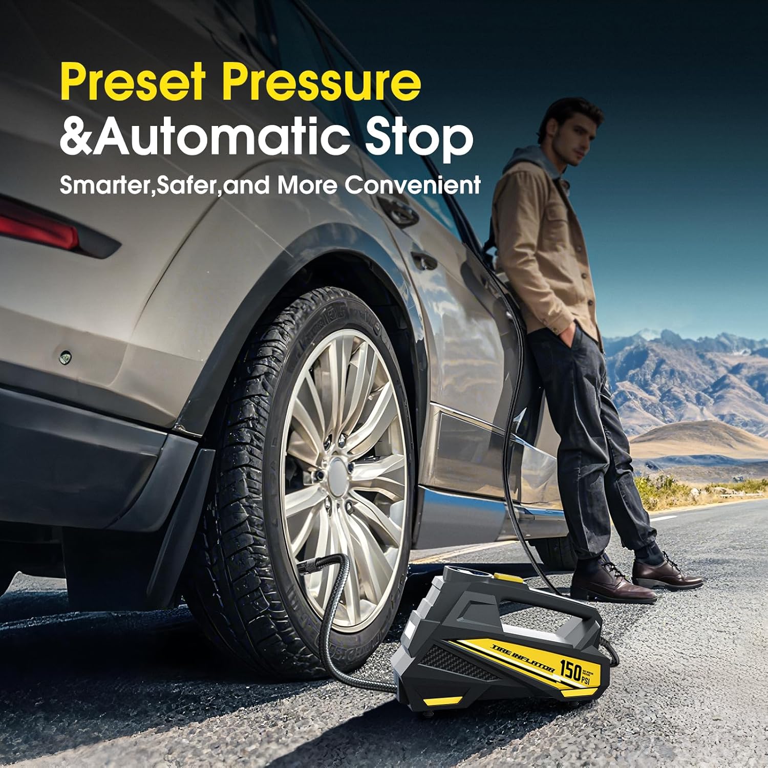 FLYKID Tyre Inflator Air Compressor 12V DC - Car Tyre Pump 150 PSI with 3 Nozzle Adaptors & LED Emergency Light for Cars, Bicycles & Sports Equipment Preset Tire Pressure & Auto Shutoff