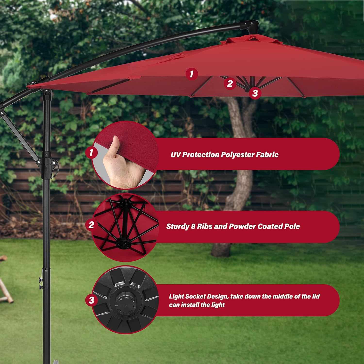Yssoa 10ft Offset Umbrella Cantilever Patio Hanging Umbrella Outdoor Market Umbrella with Crank & Cross Base Suitable for Garden, Lawn, backyard and Deck, Red