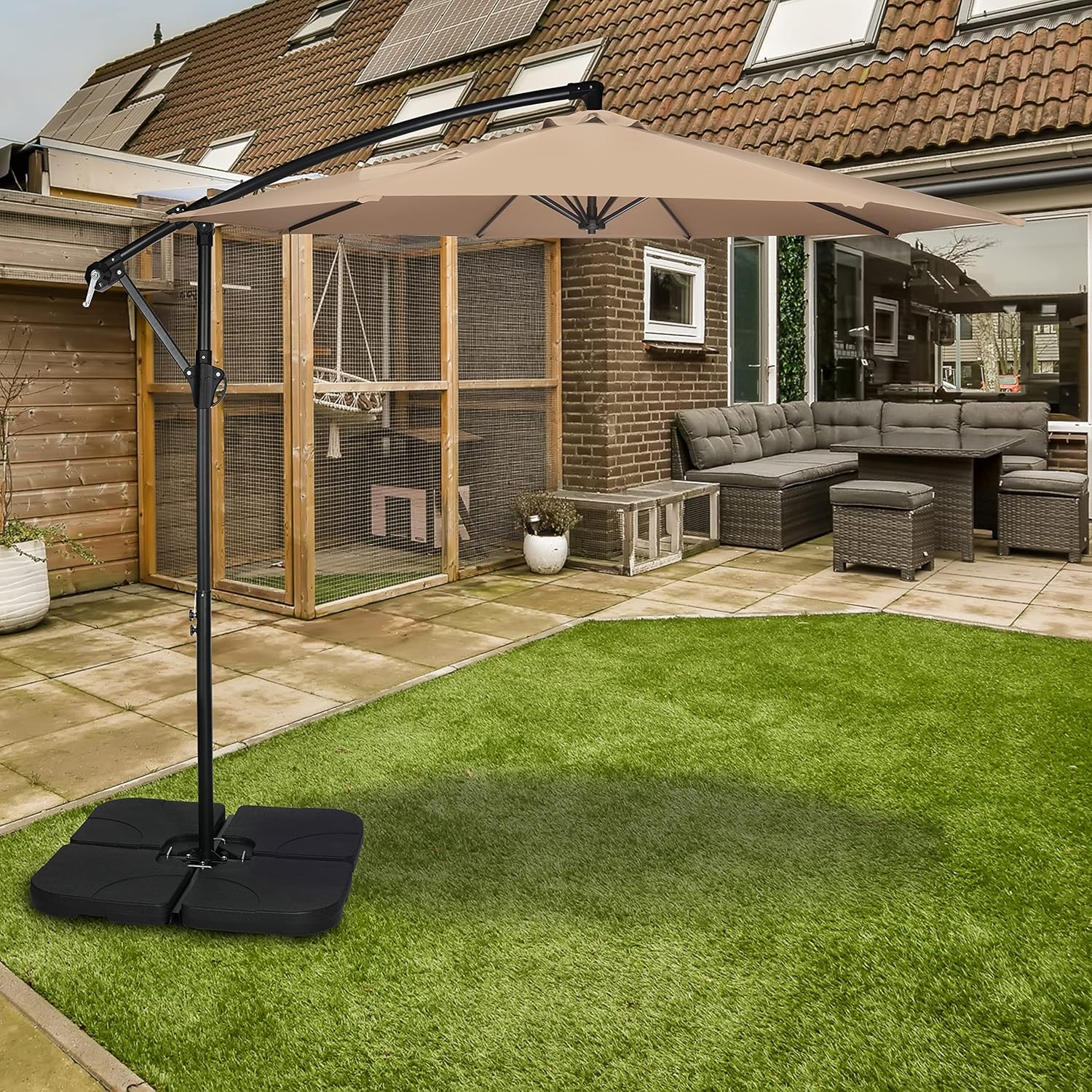 10ft Offset Umbrella Cantilever Patio Hanging Umbrella Outdoor Market Umbrella with Crank & Cross Base Suitable for Garden, Lawn, backyard and Deck, Tan