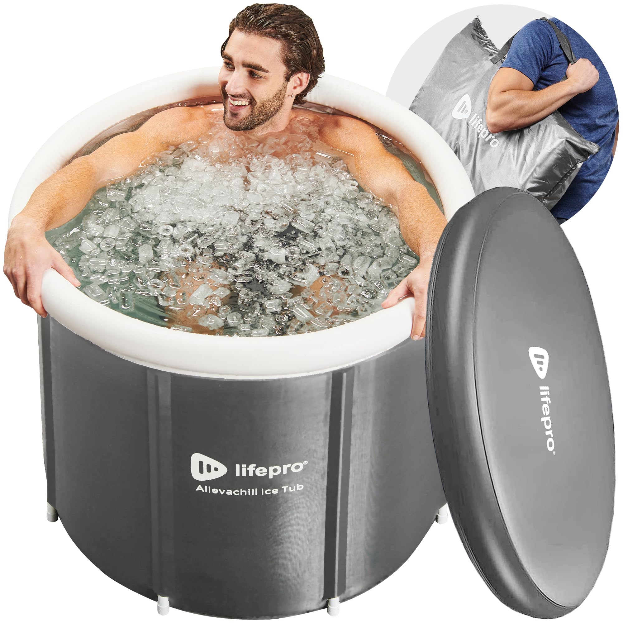 Lifepro Portable Ice Bath Tub with Cover and Storage Bag - Home & Travel Ice Bath Tub for Athletes and Adults, Durable Cold Plunge Tub for Home Therapy Sessions, Outdoor Ice Bath Cold Water Plunge Tub, Gray
