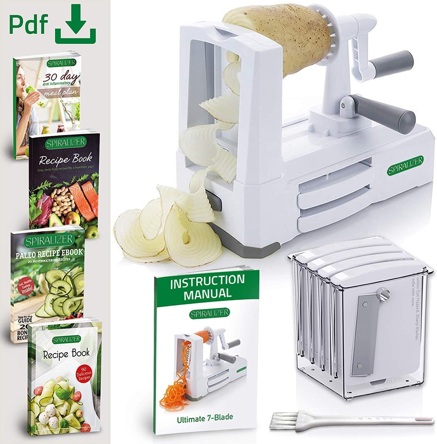 Spiralizer 7-Blade Vegetable Slicer, Strongest-and-Heaviest Spiral Slicer, Best Veggie Pasta Spaghetti Maker for Keto/Paleo/Non-Gluten, Comes with 4 Recipe Ebooks White - 7 Blade