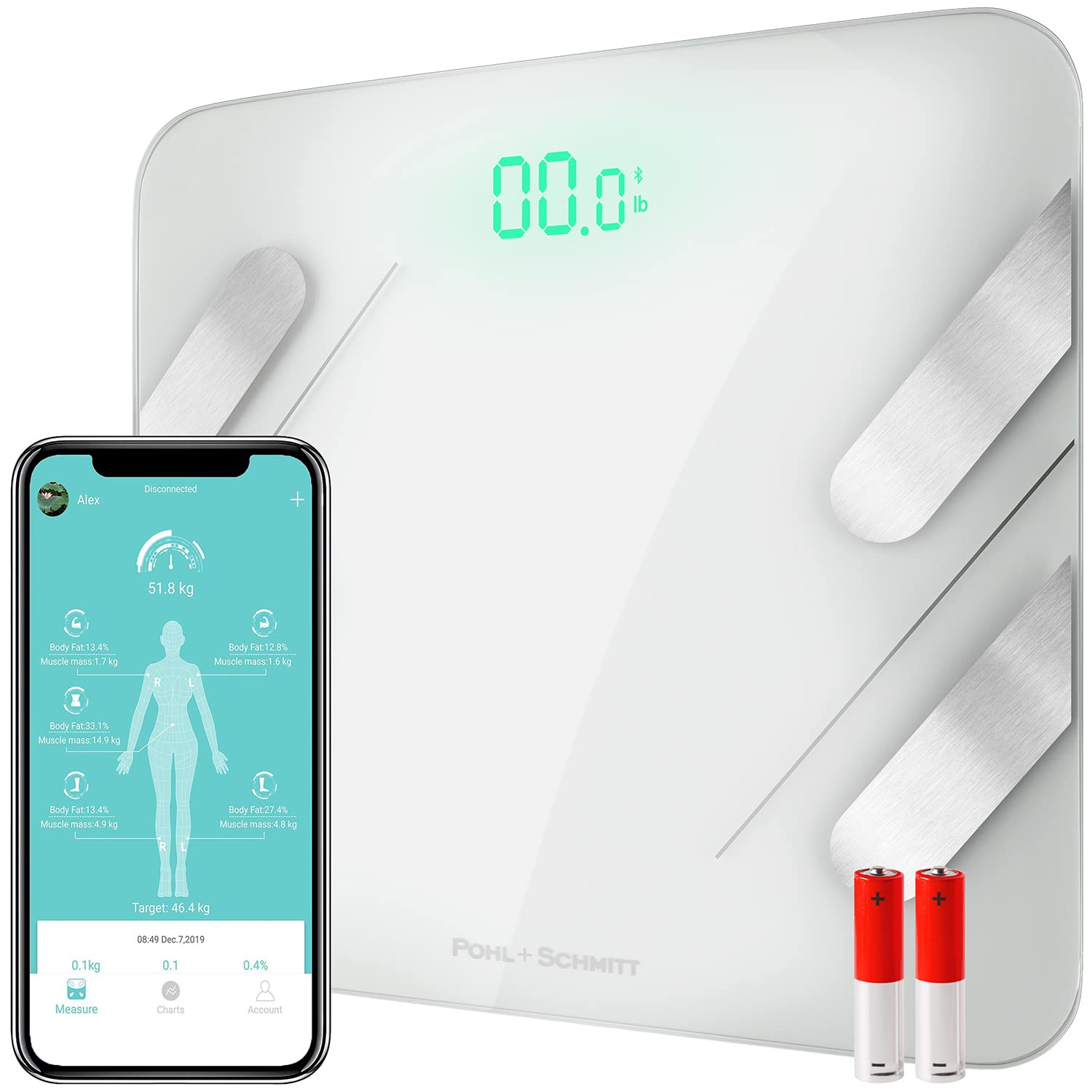 Pohl Schmitt Weight Scales for Body Weight Fat, Smart Digital Scale Tracks 13 Key Compositions, 8mm-Thick Glass, Syncs with All Phones, 400 lbs