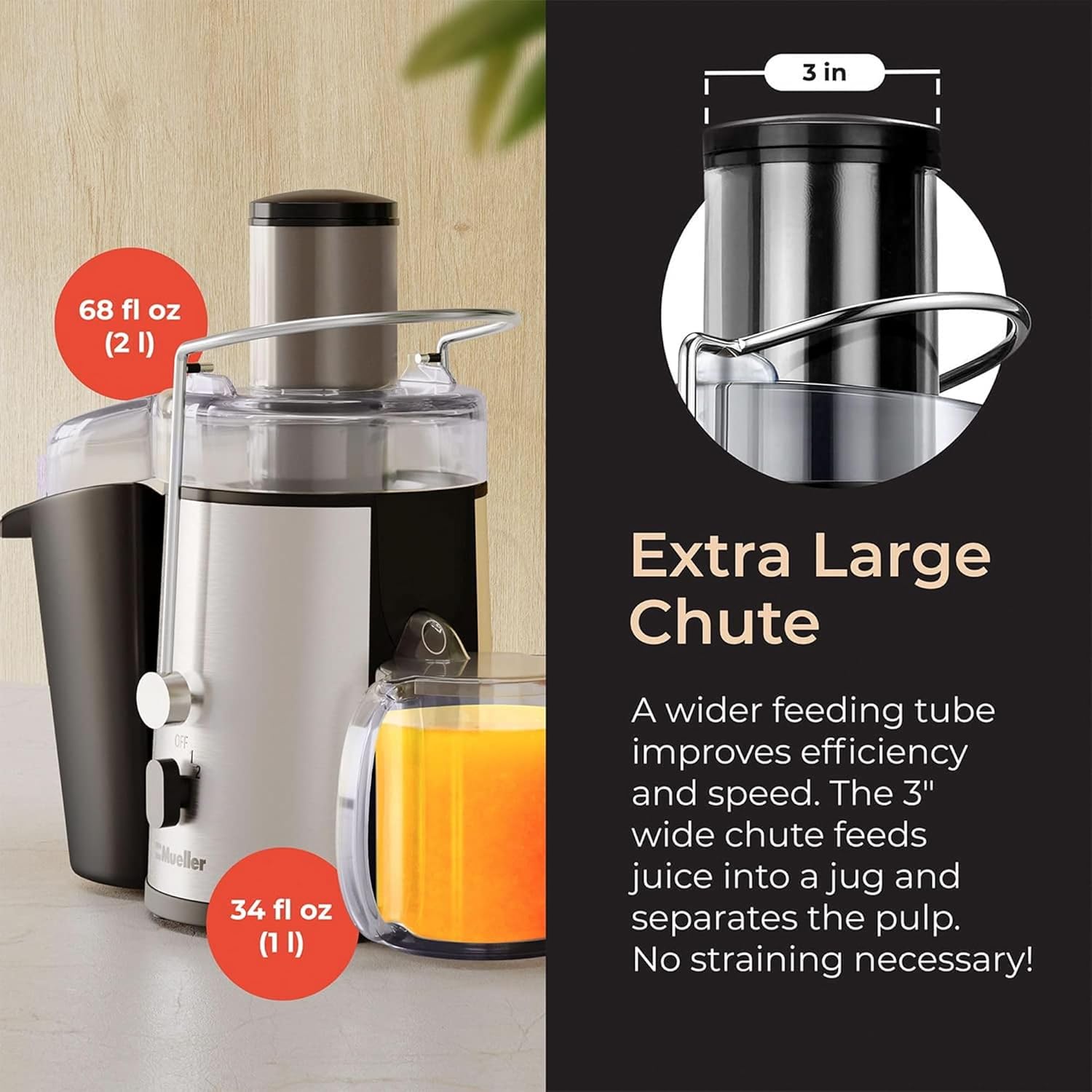 Mueller Juicer Ultra Power, Easy Clean Extractor Press Centrifugal Juicing Machine, Wide 3" Feed Chute for Whole Fruit Vegetable, Anti-drip, Silver