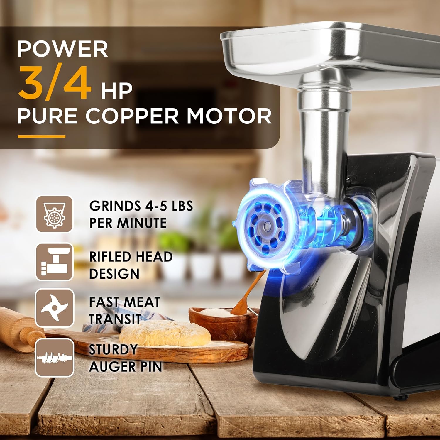 Electric #8 Meat Grinder - ETL Approved Meat Grinder, 3/4 HP, Meat Grinders Machine with Stainless Steel Blade, 3 Grinding Plates, 2 Meat Claw, Sausage Stuffer Tube for Home Kitchen Use, Black