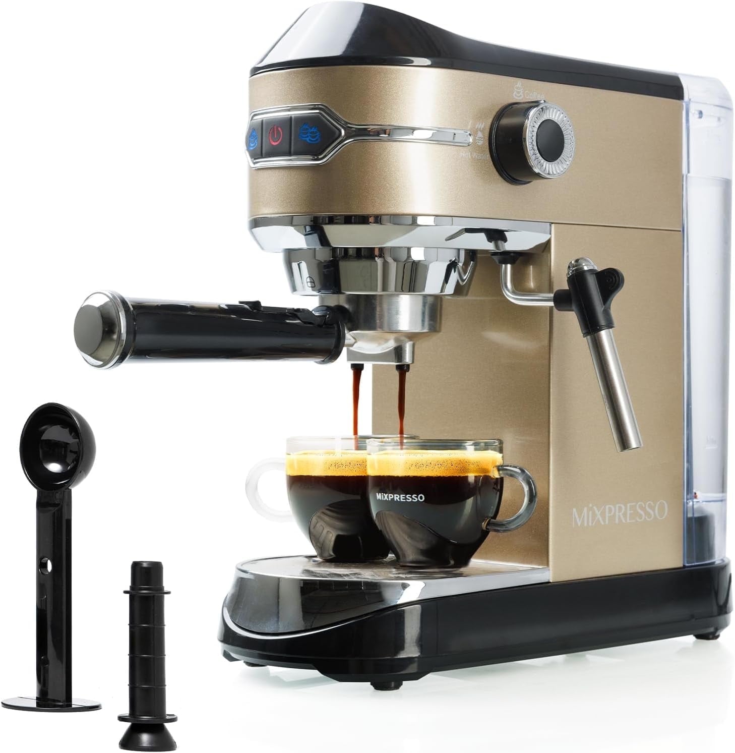 Mixpresso Professional Espresso Machine for Home 15 Bar with Milk Frother Steam Wand, Espresso Maker with Double-Cup Splitter 1450w Fast Heating, Cappuccino and Latte machine 37Oz Water Tank (Gold/Black)