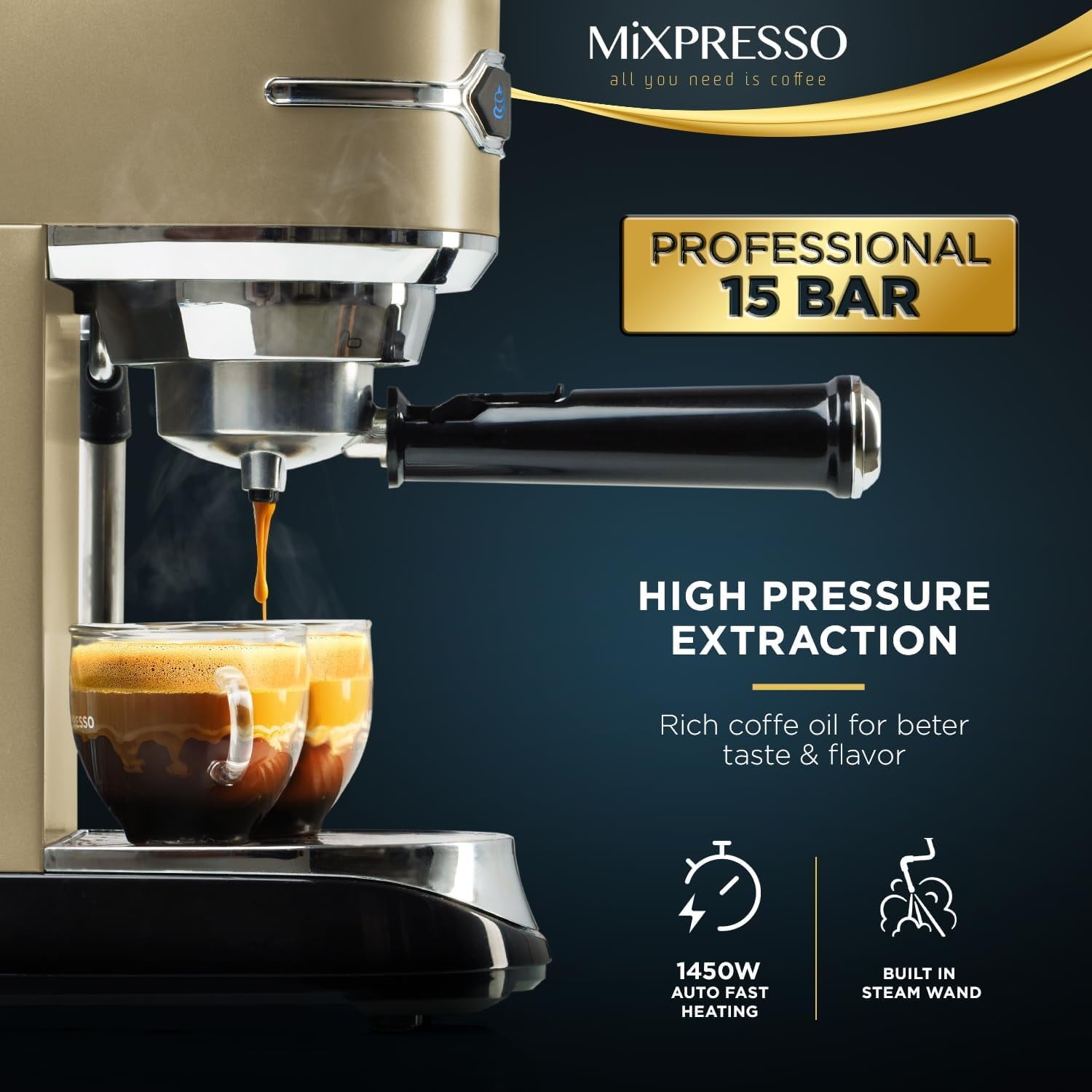 Mixpresso Professional Espresso Machine for Home 15 Bar with Milk Frother Steam Wand, Espresso Maker with Double-Cup Splitter 1450w Fast Heating, Cappuccino and Latte machine 37Oz Water Tank (Gold/Black)