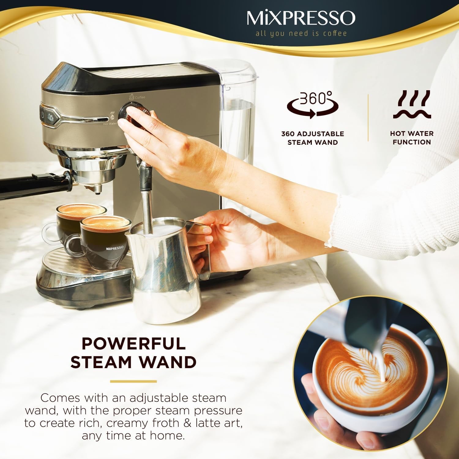 Mixpresso Professional Espresso Machine for Home 15 Bar with Milk Frother Steam Wand, Espresso Maker with Double-Cup Splitter 1450w Fast Heating, Cappuccino and Latte machine 37Oz Water Tank (Gold/Black)