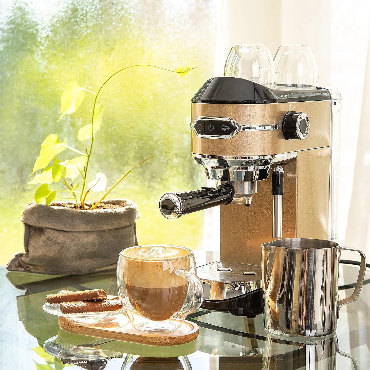 Mixpresso Professional Espresso Machine for Home 15 Bar with Milk Frother Steam Wand, Espresso Maker with Double-Cup Splitter 1450w Fast Heating, Cappuccino and Latte machine 37Oz Water Tank (Gold/Black)